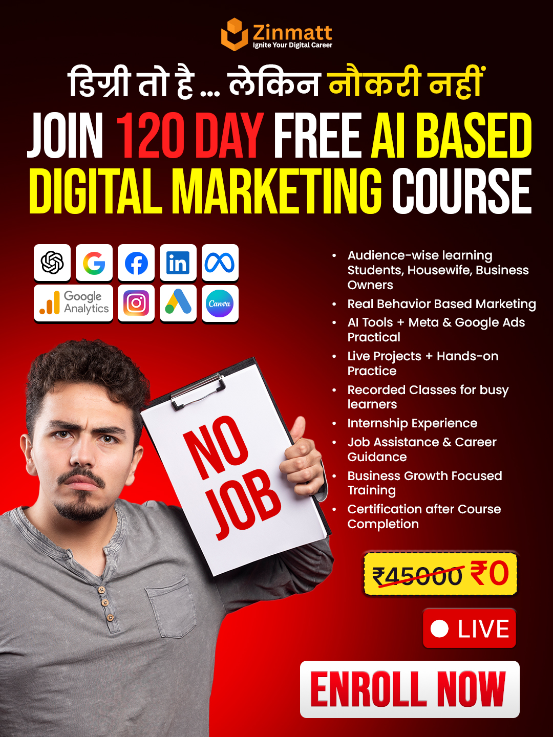 Zinmatt Private Limited Facebook ad: AI + Digital Marketing सीखो बिल्कुल FREE