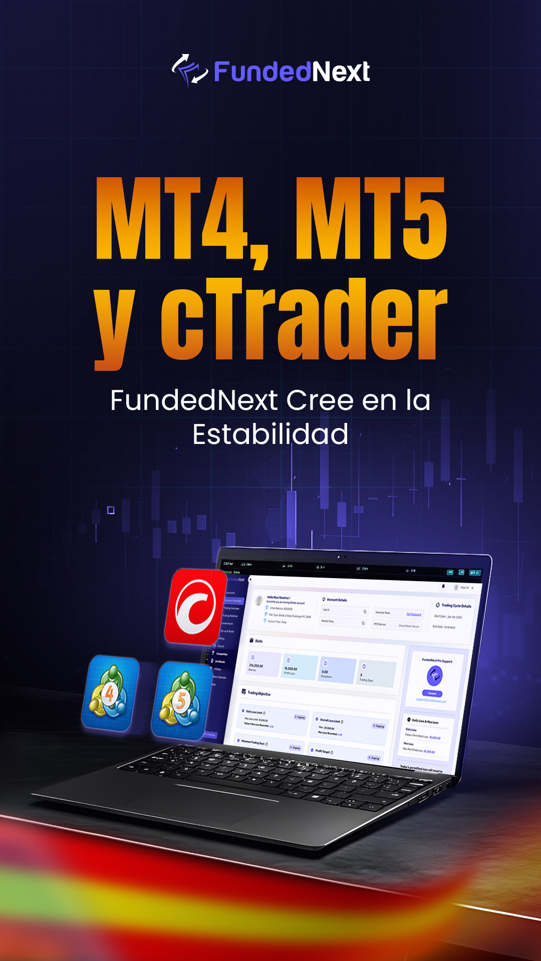 FundedNext Español Facebook ad: Opera en MT4, MT5 y cTrader