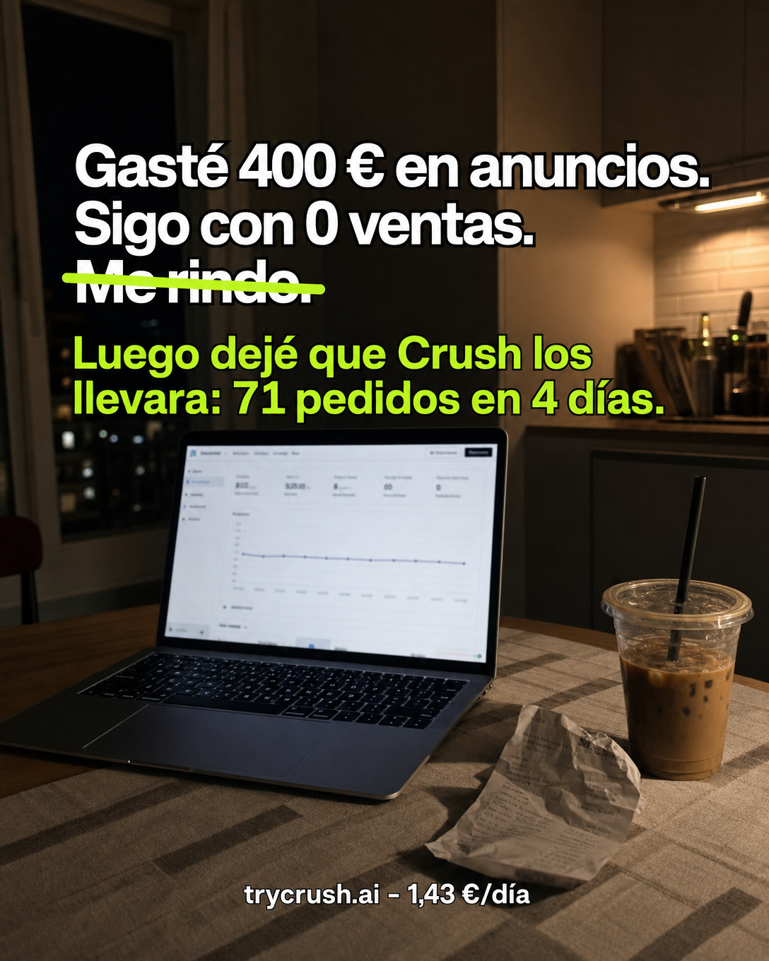 trycrush.ai Facebook ad: Gasté 400 € en anuncios. Sigo con 0 ventas.