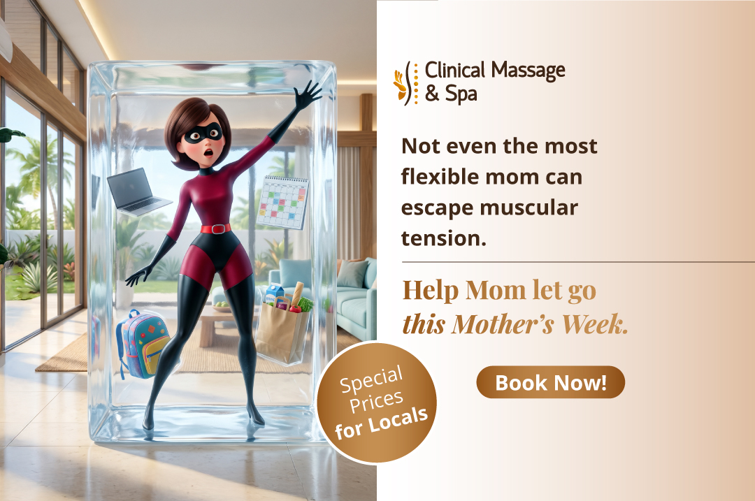 Clinical Massage & Spa Aruba Facebook ad: Some moms carry the whole week on their…