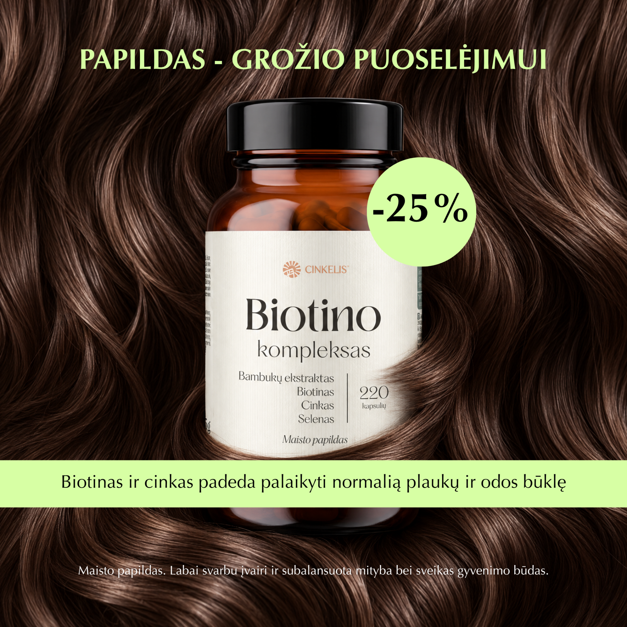 Cinkelis Facebook ad: Grožio papildams -25% | Odai, plaukams, nagams
