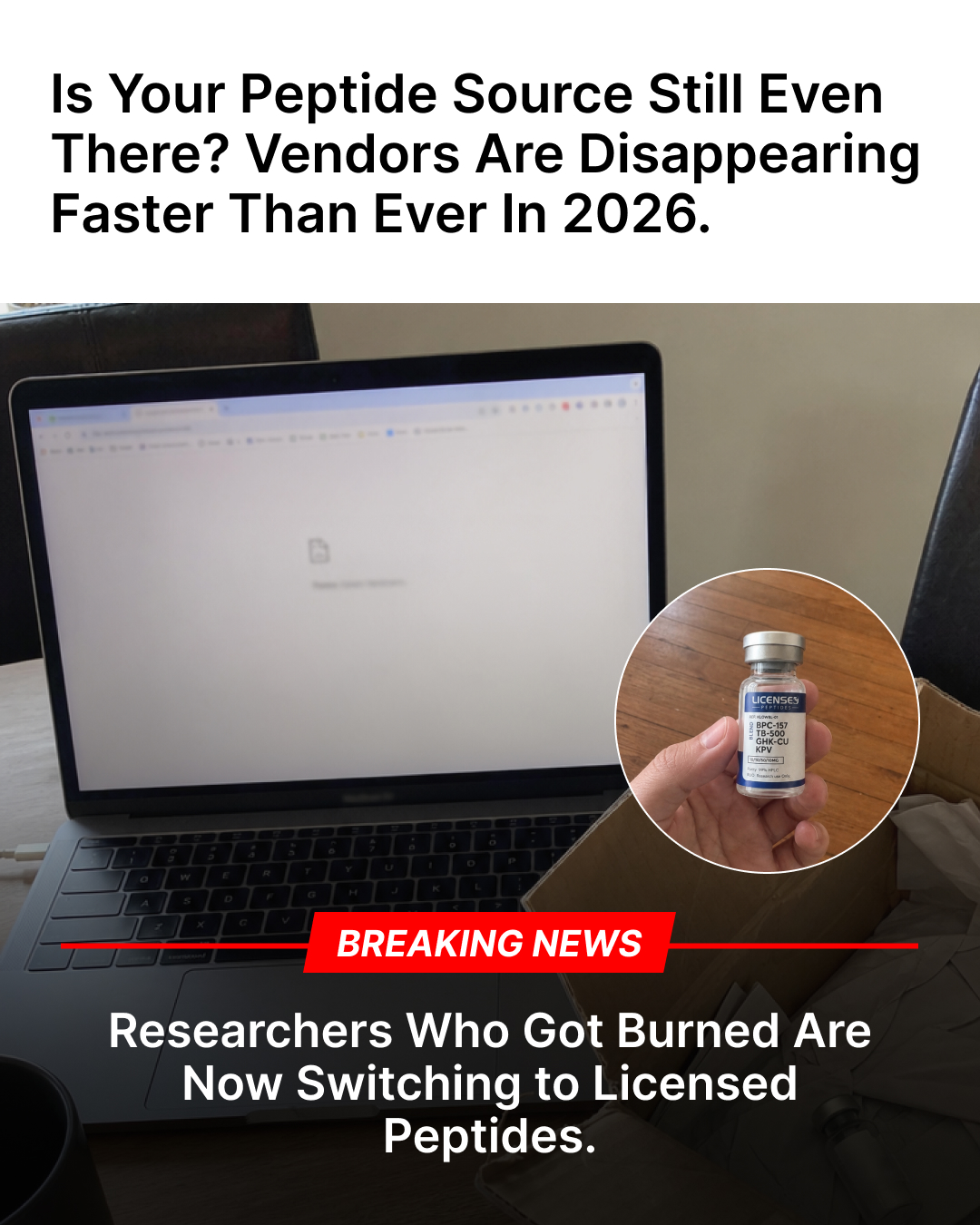 LicensedPeptides.com Facebook ad: The Vendor Purge is Real