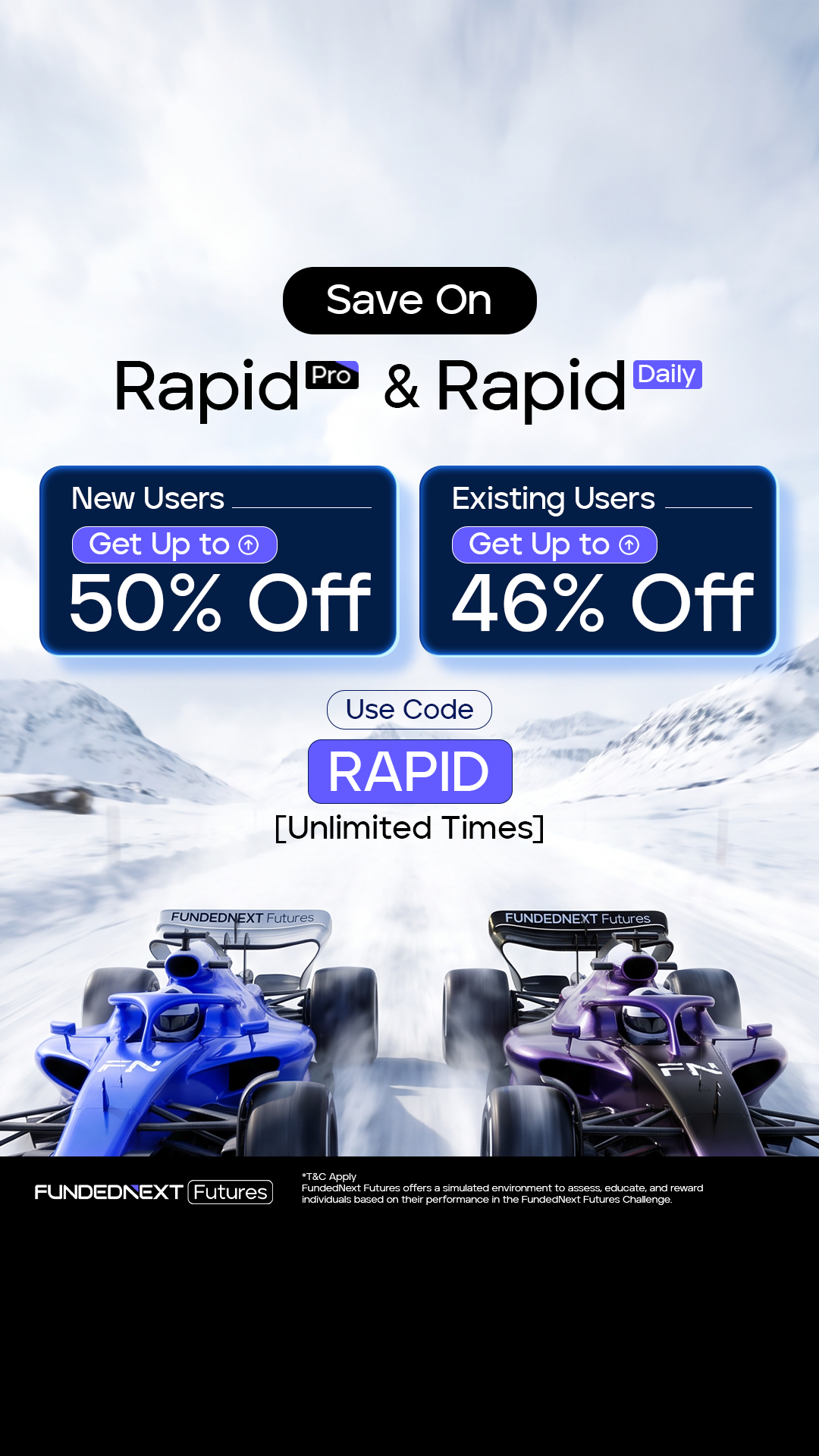 FundedNext Futures Facebook ad: Up to 50% Off FN Futures Rapid