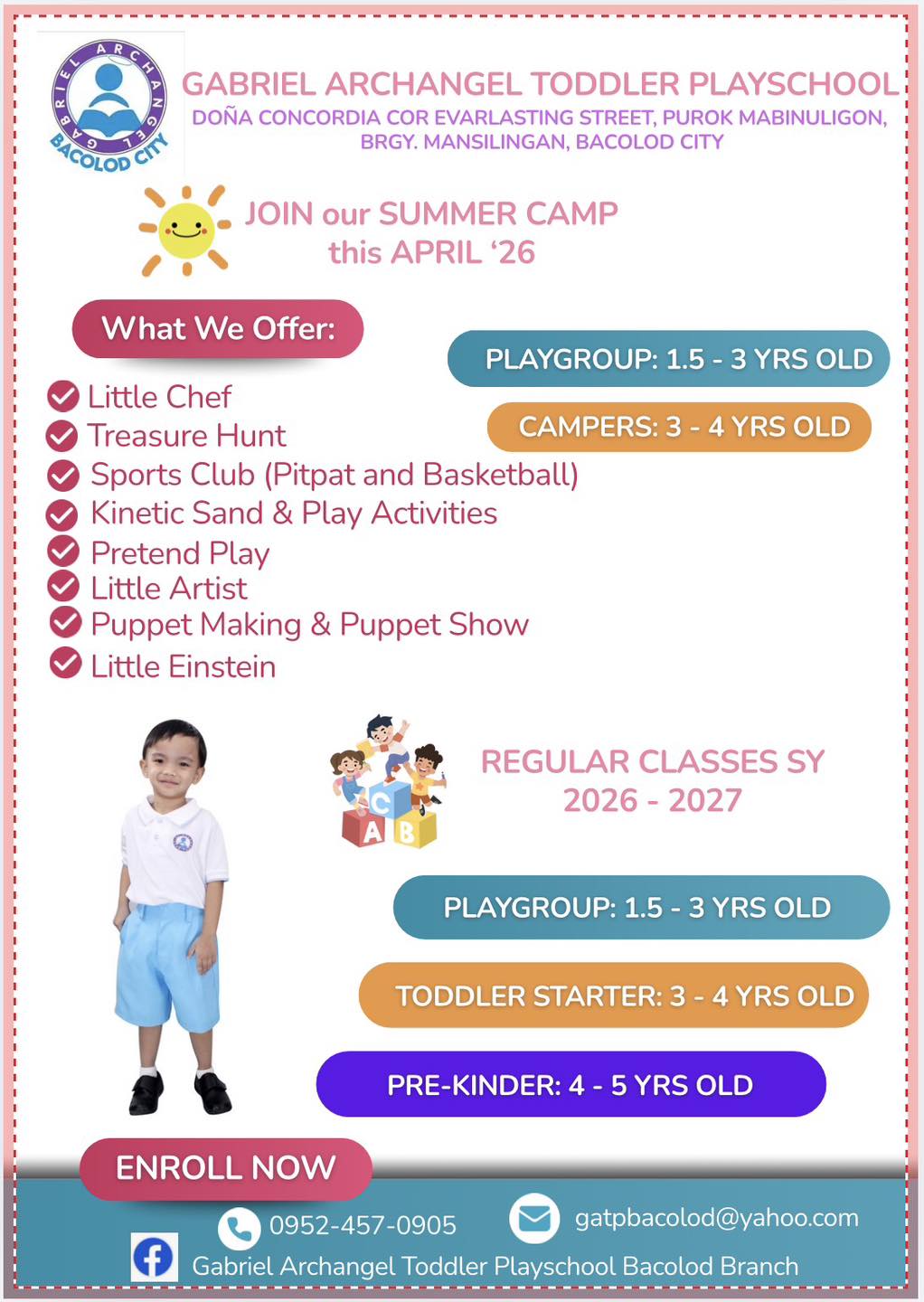 Gabriel Archangel Toddler Playschool Bacolod Branch Facebook ad: ENROLL NOW at Gabriel Archangel Toddler Playschool, Bacolod…