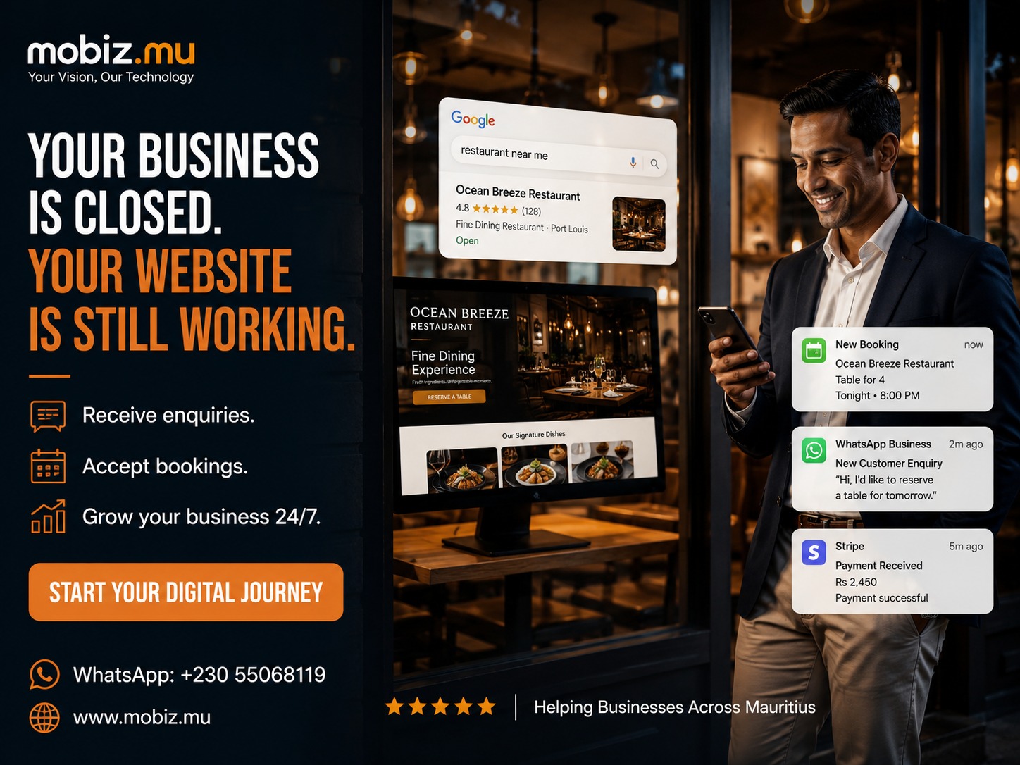 Mobiz.mu Facebook ad: Your Business Never Closes.