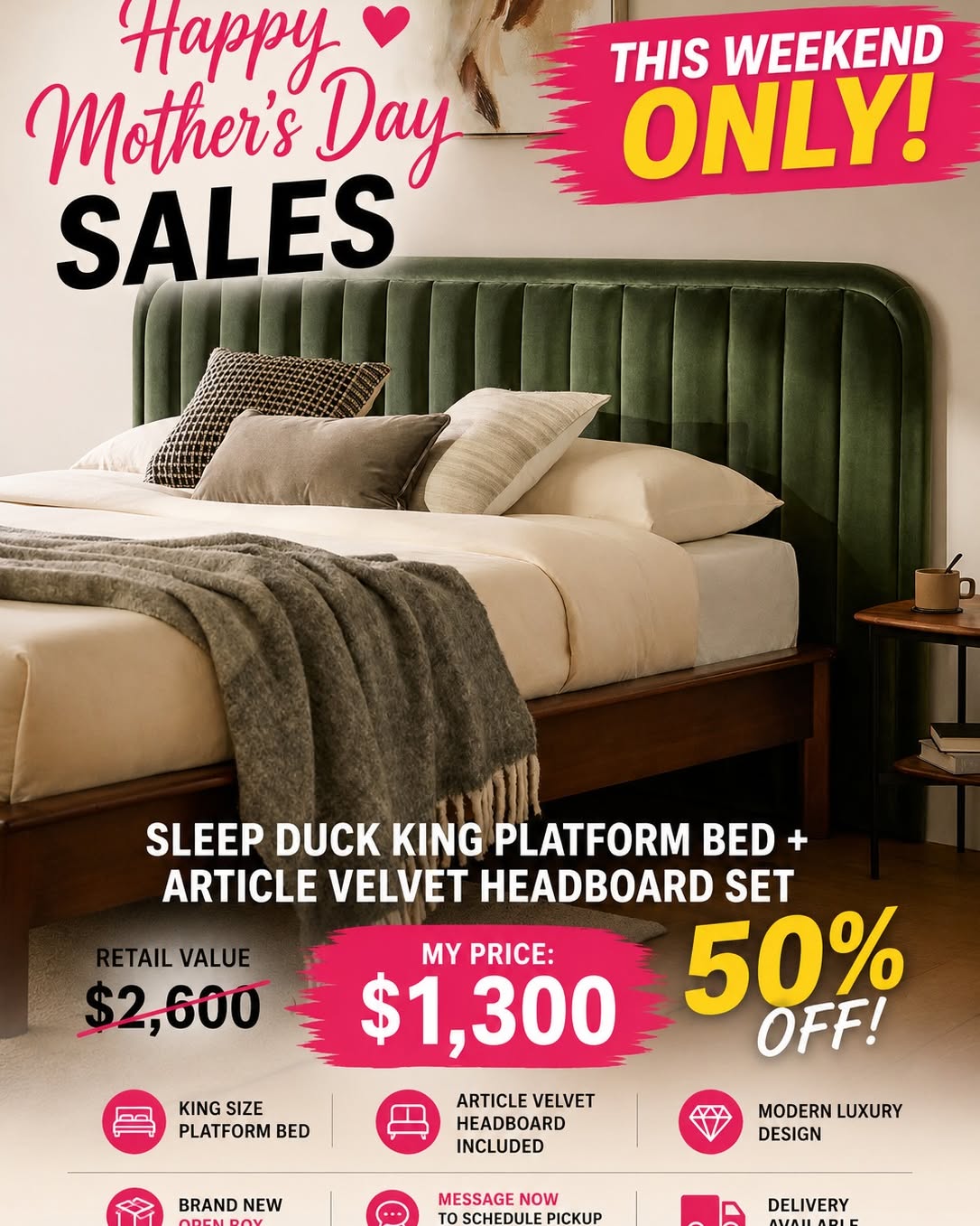 Alexandre Mayer Facebook ad: Sleep Duck King Platform Bed + Article Rolph Velvet…