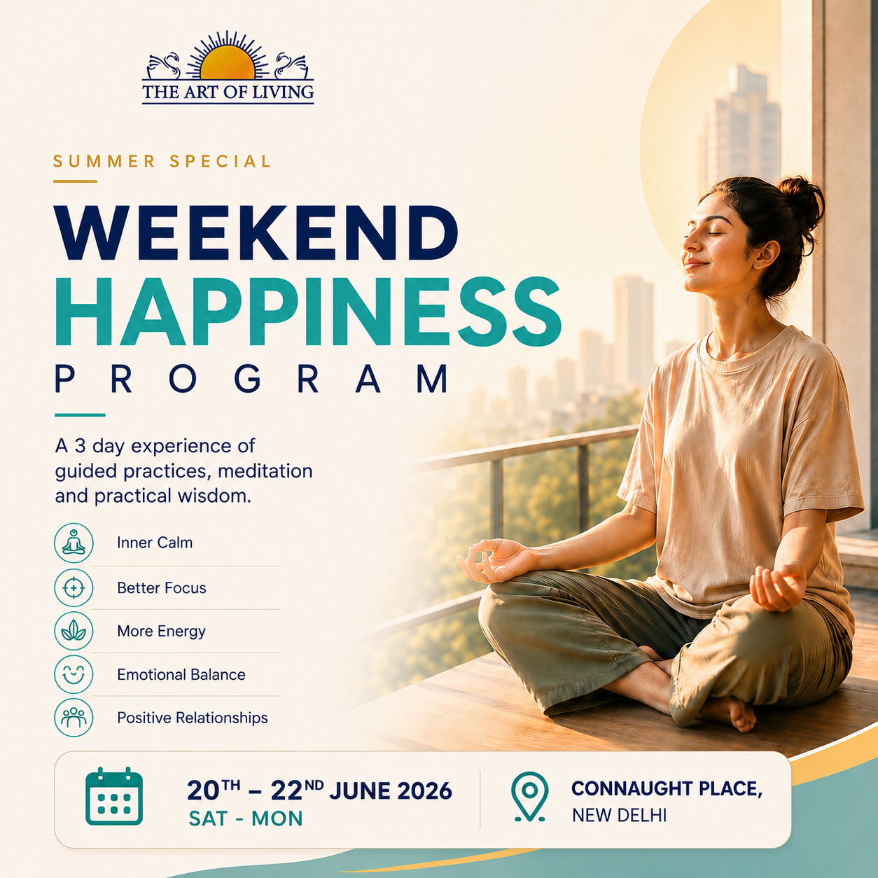 The Art of Living Facebook ad: Summer Special | 3 Day Happiness Program by The Art of…