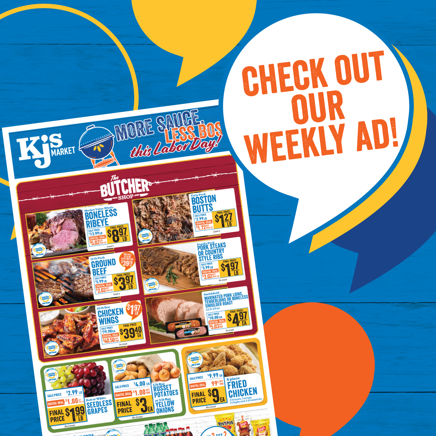 KJ's Market Facebook ad: Summer Savings that make you smile!