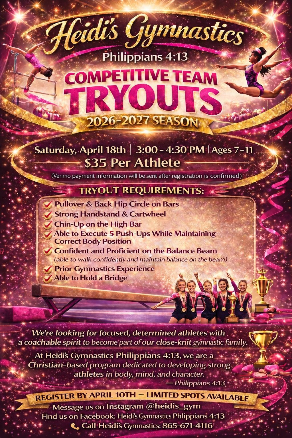 Heidi's Gymnastics Phil 4:13 Facebook ad: Team Tryouts at Heidi’s Gymnastics Philippians 4:13