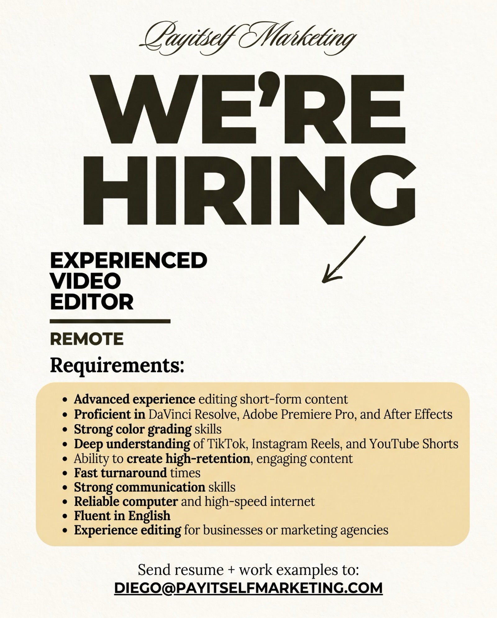 Payitself Marketing Facebook ad: WE’RE HIRING, EXPERIENCED VIDEO EDITOR (REMOTE)