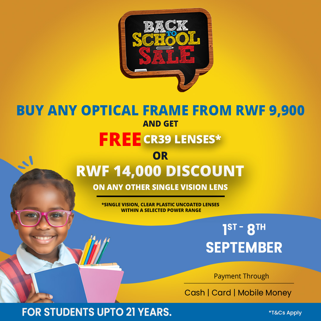 Optica Rwanda Facebook ad: Back to School: Frames from RWF 9,900!