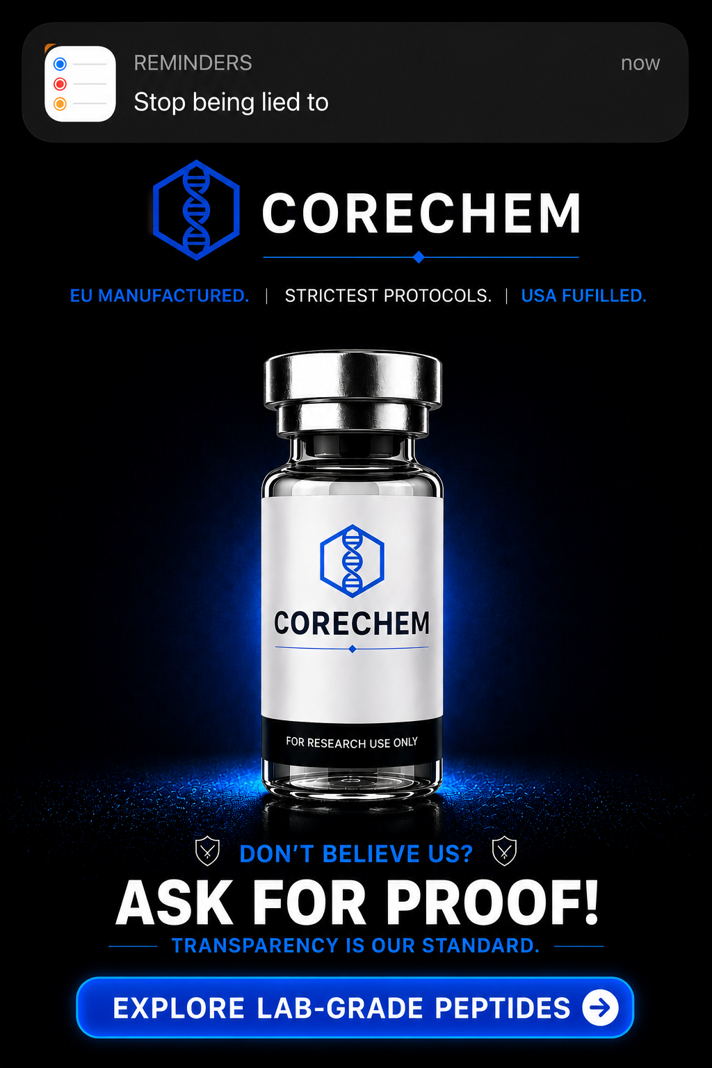 Corechemlabs Facebook ad: Core Chem Labs | Analytical-Grade Biochemical Reference…