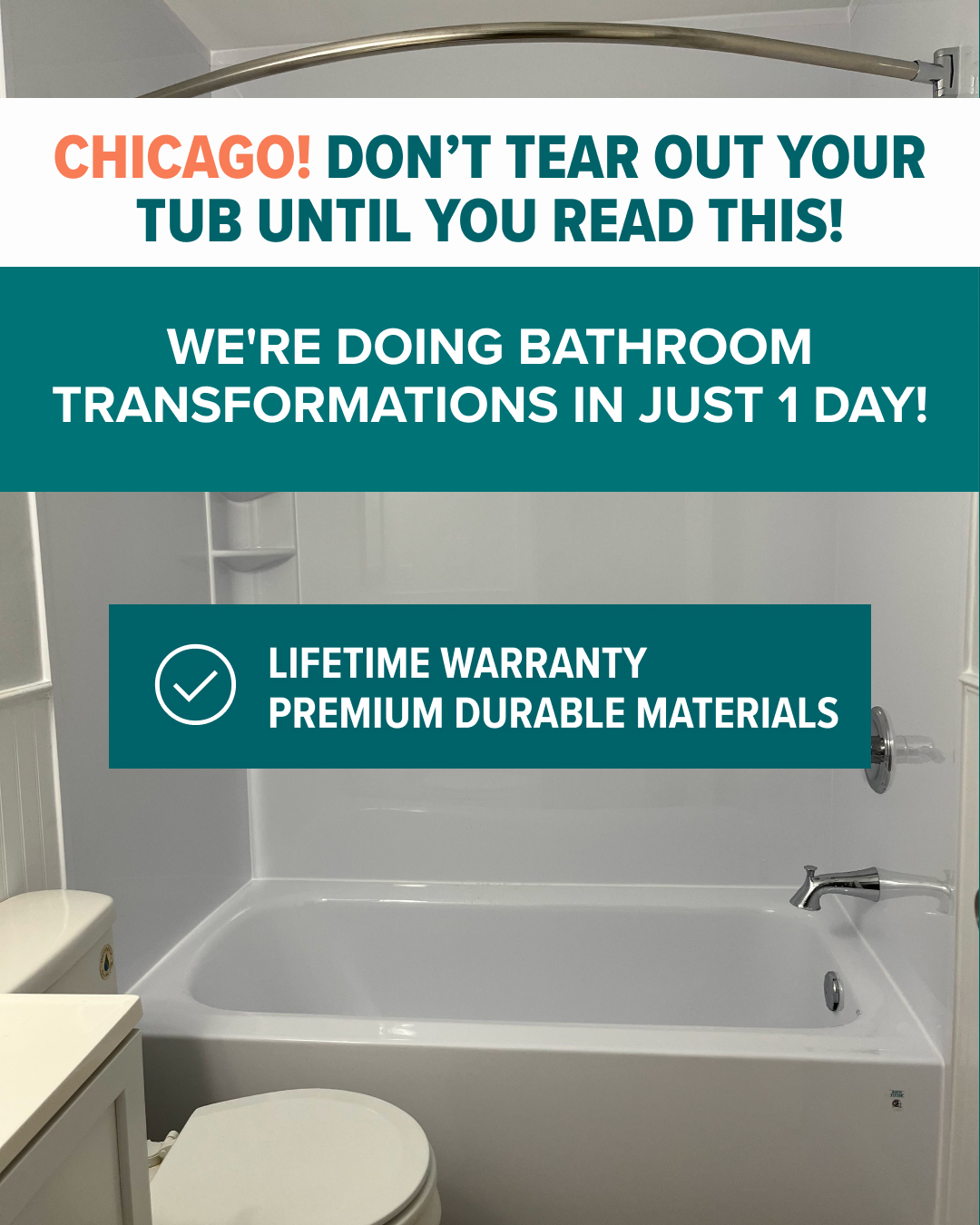 Bath Fitter Facebook ad: CHICAGO HOMEOWNERS: 1-Day Tub & Shower Remodels