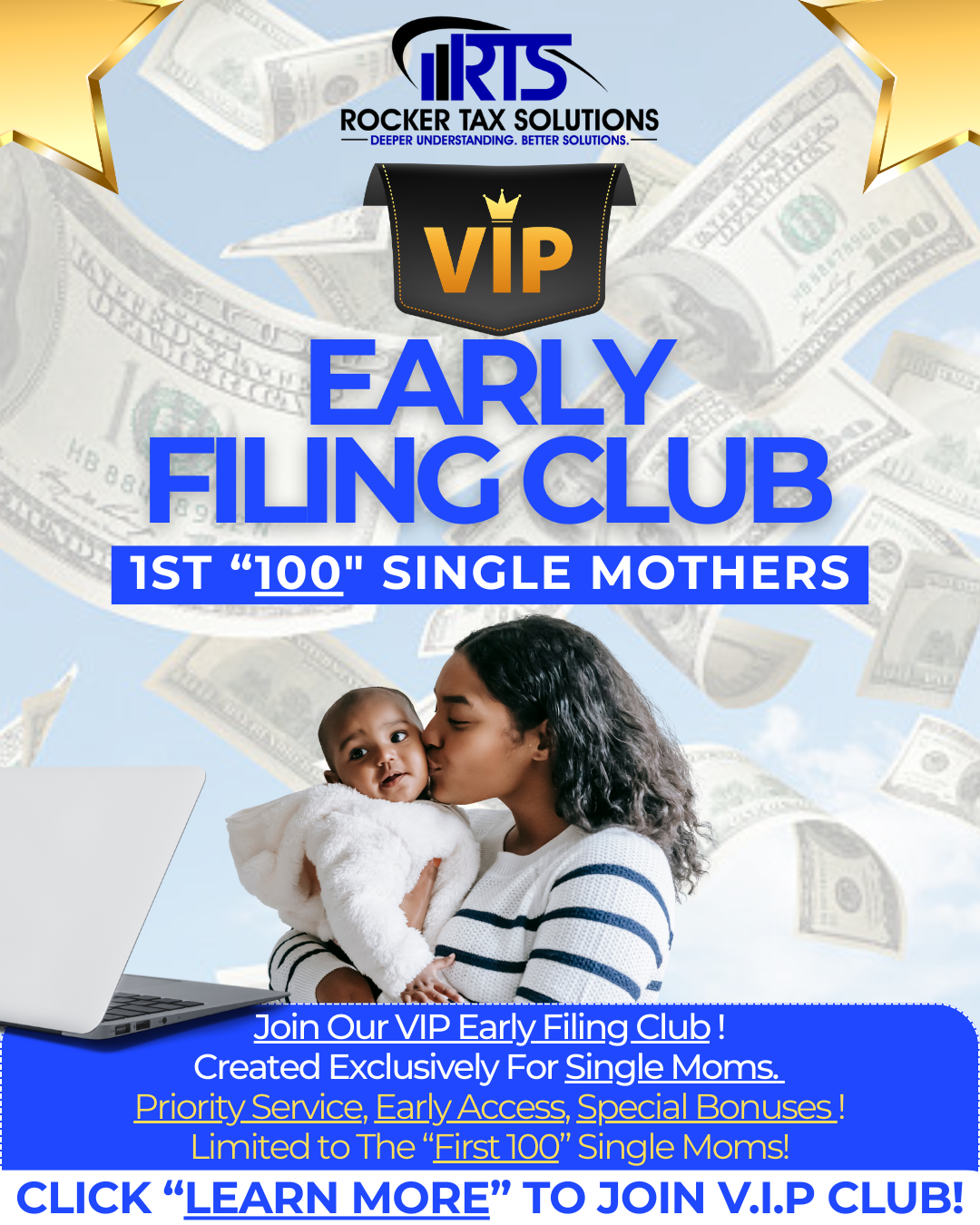 Rocker Tax Solutions Facebook ad: Join The SIngle Mom Tax Filing V.I.P. Club