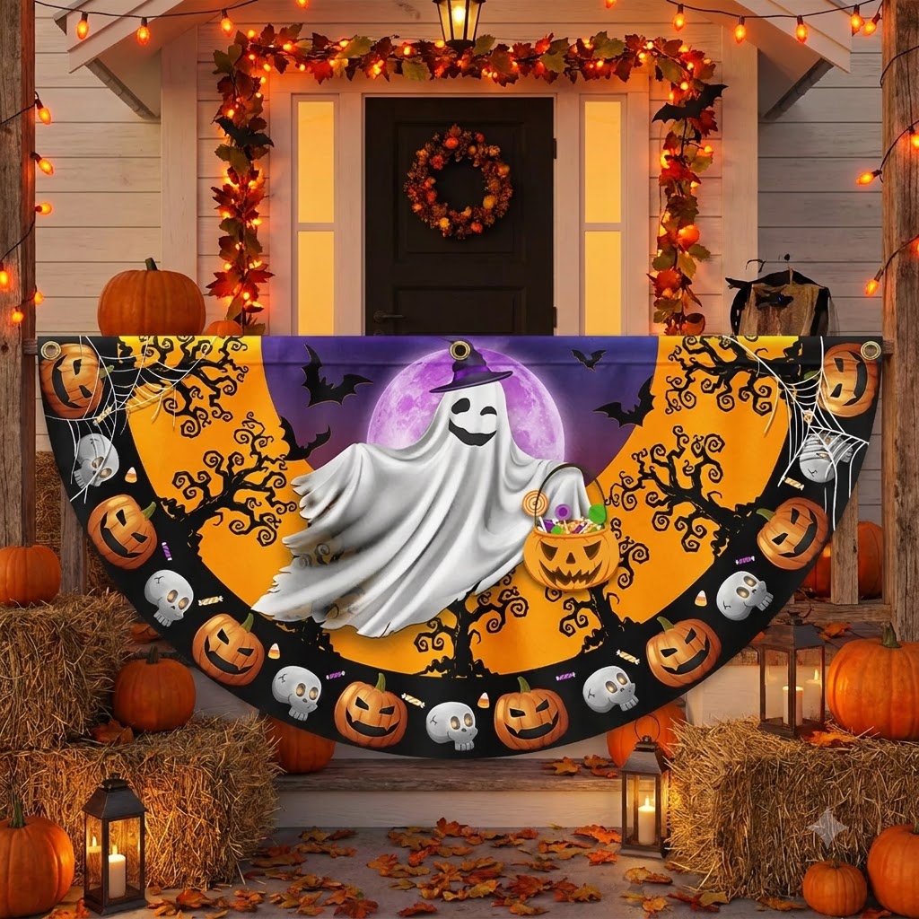 Flagwix.com Facebook ad: Halloween Ghost Pumpkins Non-Pleated Fan Flag