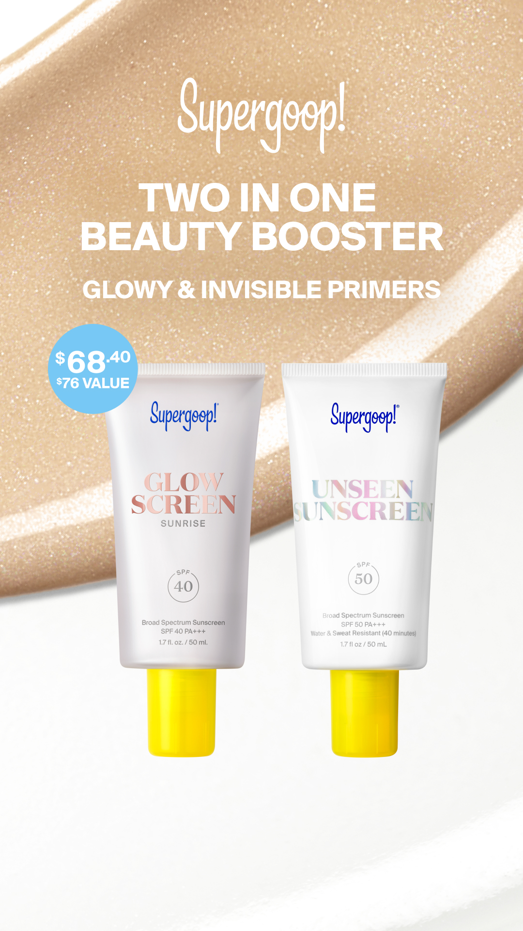 Supergoop Facebook ad: Supergoop! 2-in-1 Beauty Booster Set - Glowscreen + Unseen…