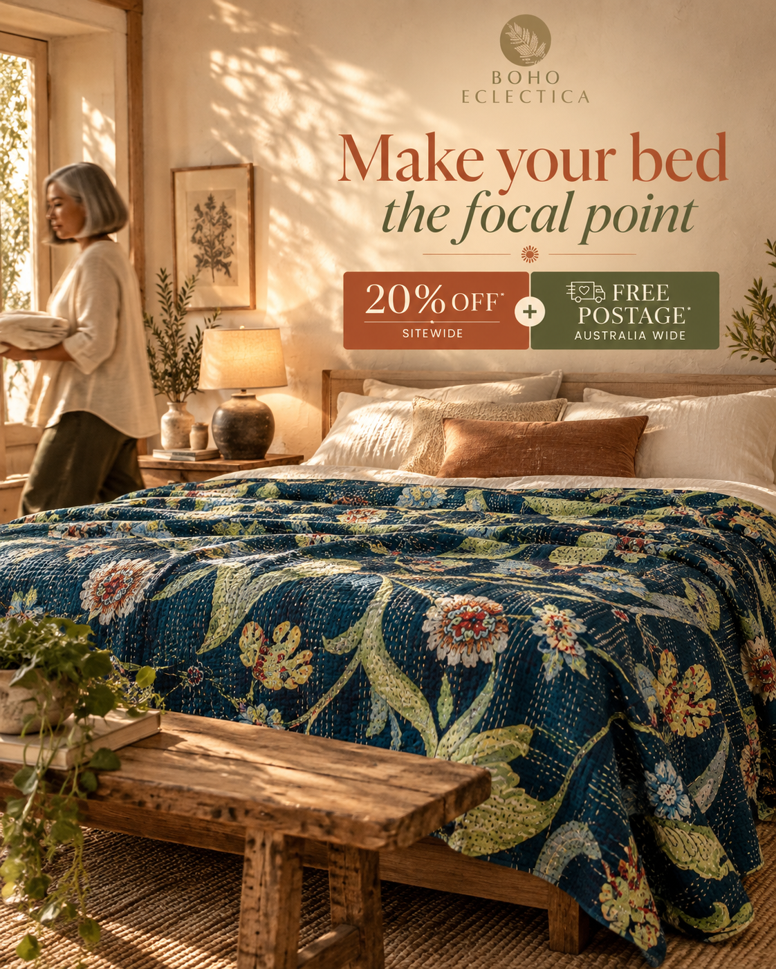 Boho Eclectica Facebook ad: Make Your Bed the Focal Point