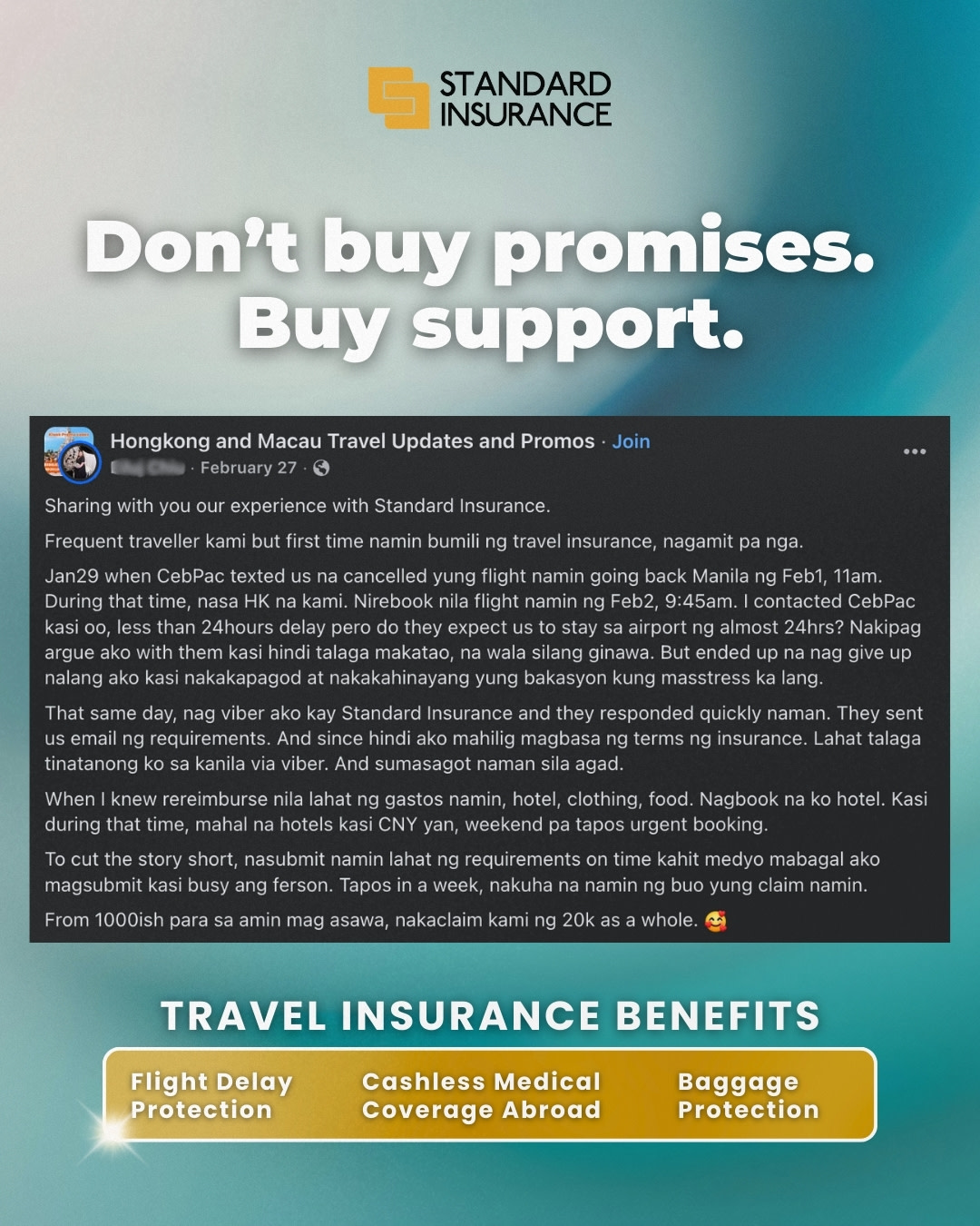 Standard Insurance Facebook ad: Get travel insurance kasi sa byahe, support ang…