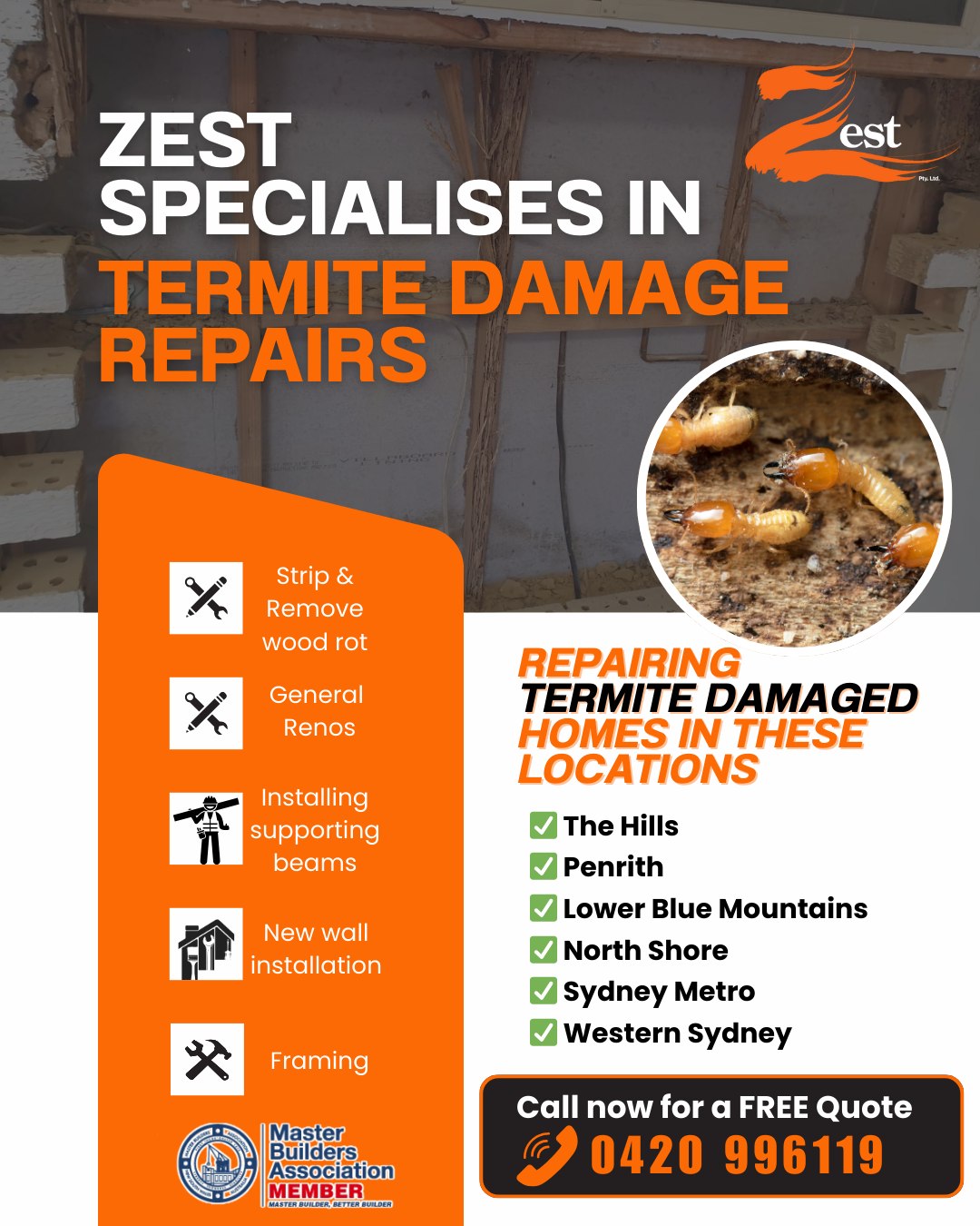 Zest Property & Construction Services Facebook ad: Extreme Termite Damage?