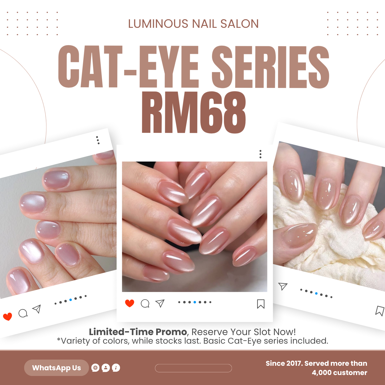 Luminous Nail Salon - KL & Cheras Facebook ad: 猫眼系列只需RM68! 限时优惠 YY美睫RM68同时进行!由本地经验丰富的美甲/美睫师完成,绝无隐藏收费!