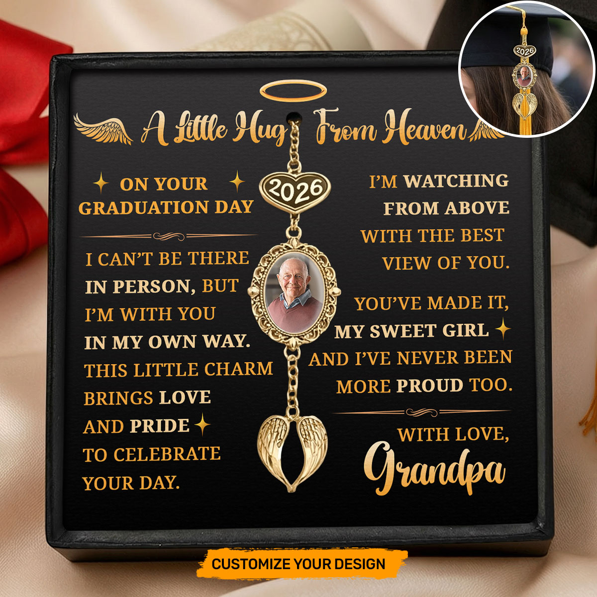 Joymade Gifts Facebook ad: Personalized Graduation Tassel Photo Charm With Angel Wing