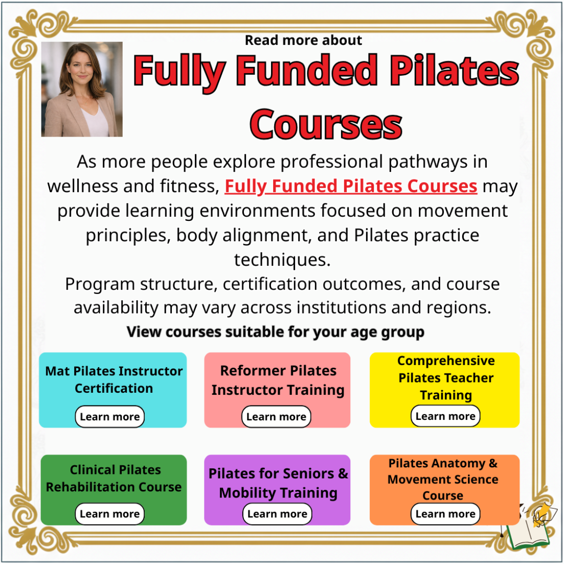 Fully Funded Scholarships Hub Facebook ad: Learn More Fully Funded Pilates Courses