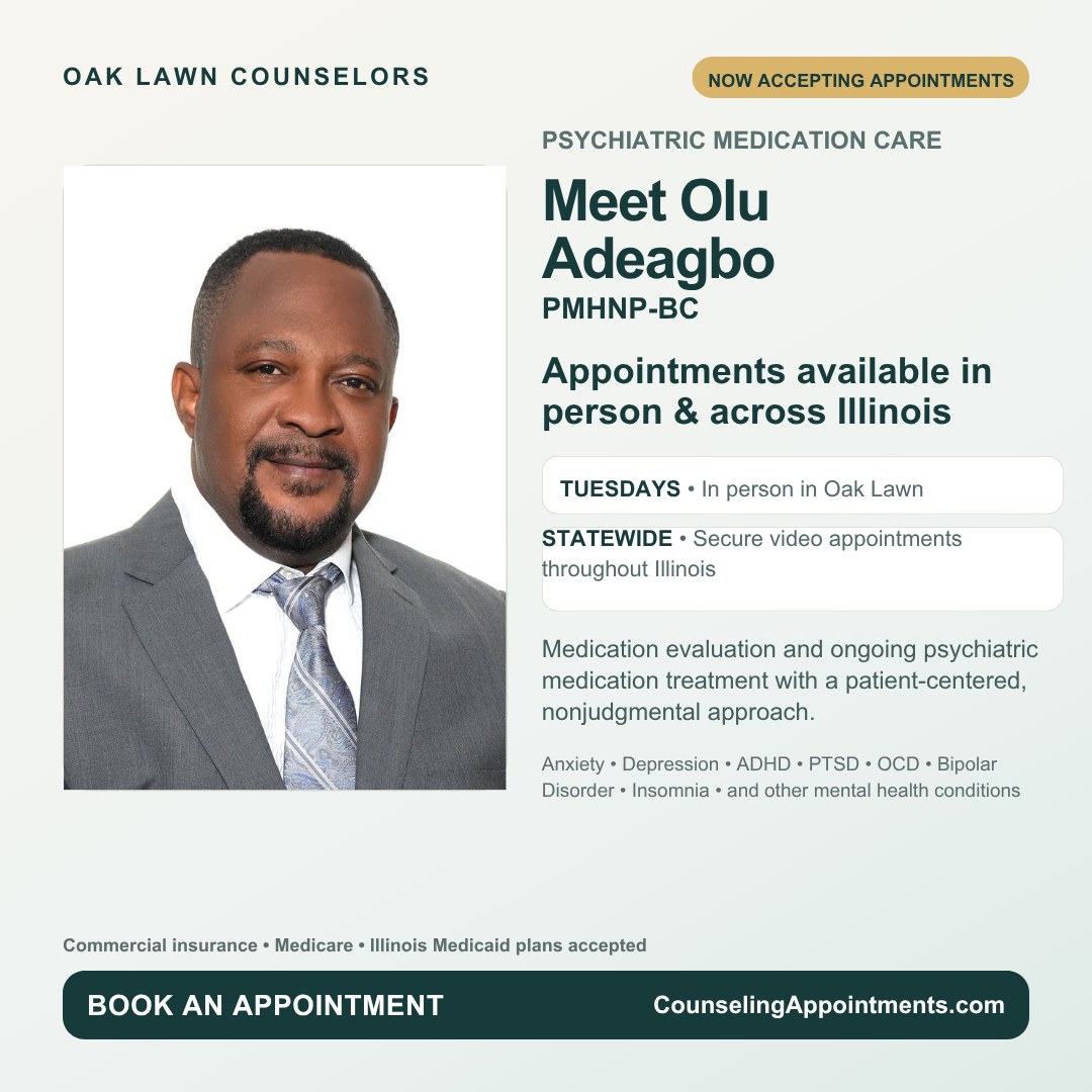 Oak Lawn Counselors Facebook ad: PSYCHIATRIC MEDICATION APPOINTMENTS AVAILABLE - BUT NOT…
