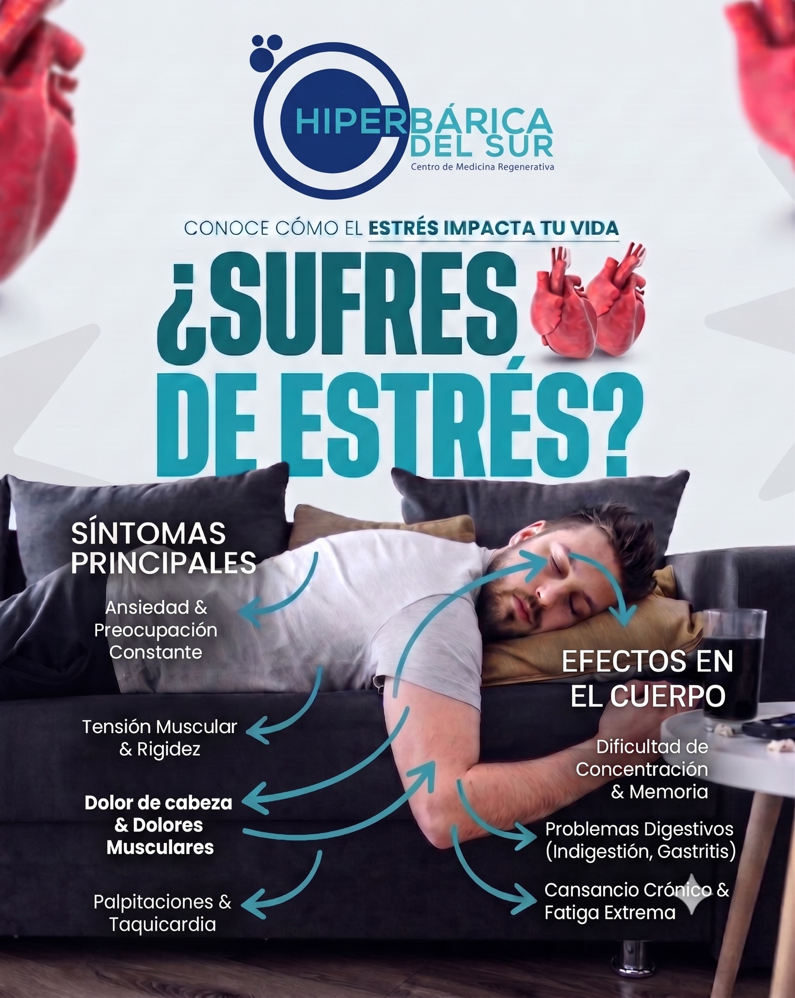 Hiperbárica del Sur Bolivia Facebook ad: 𝗘𝗦𝗧𝗥É𝗦 𝗟𝗔𝗕𝗢𝗥𝗔𝗟, 𝗙𝗔𝗧𝗜𝗚𝗔 𝗬 𝗗𝗢𝗟𝗢𝗥𝗘𝗦…