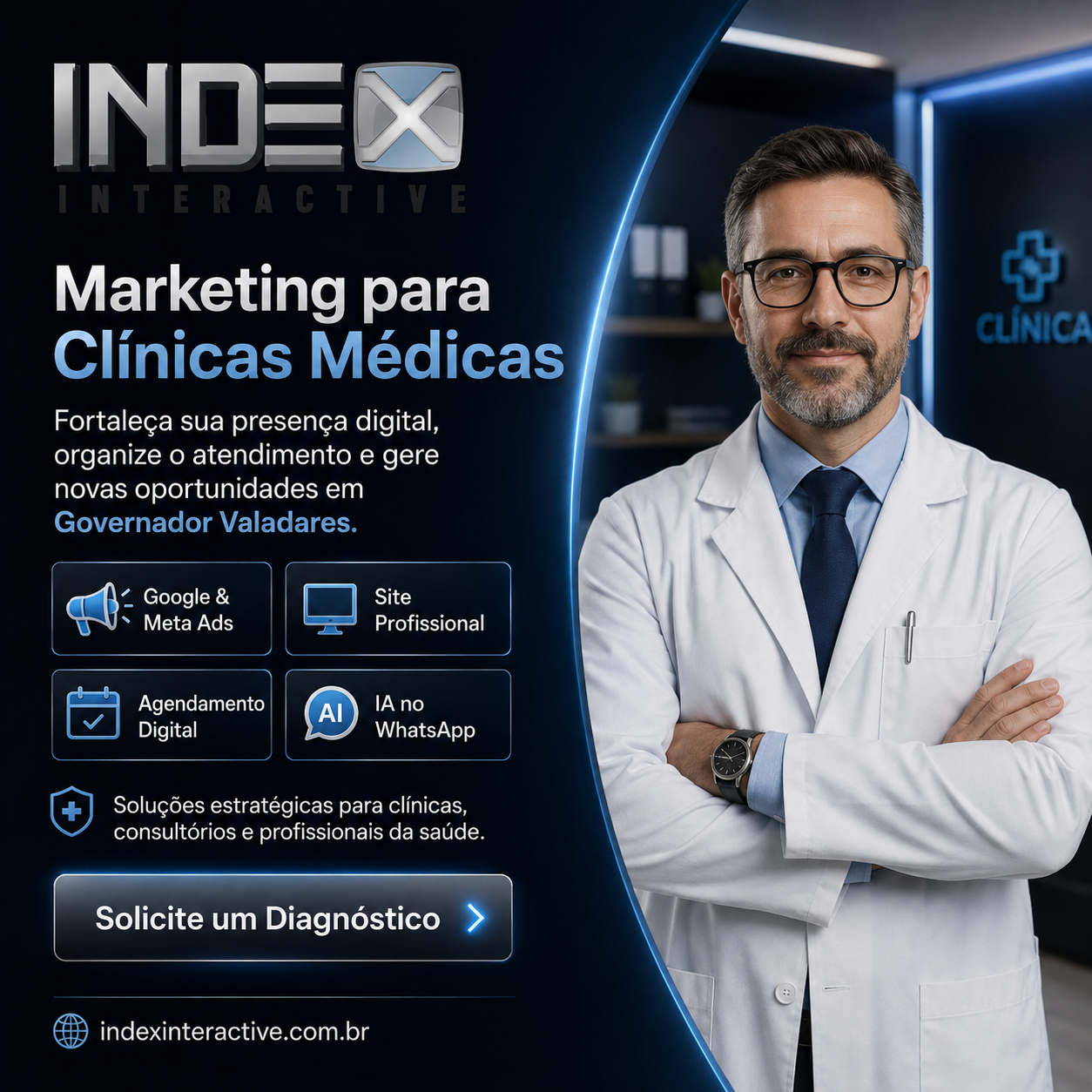 Index Interactive Facebook ad: Marketing de Resultado para Clínicas Médicas