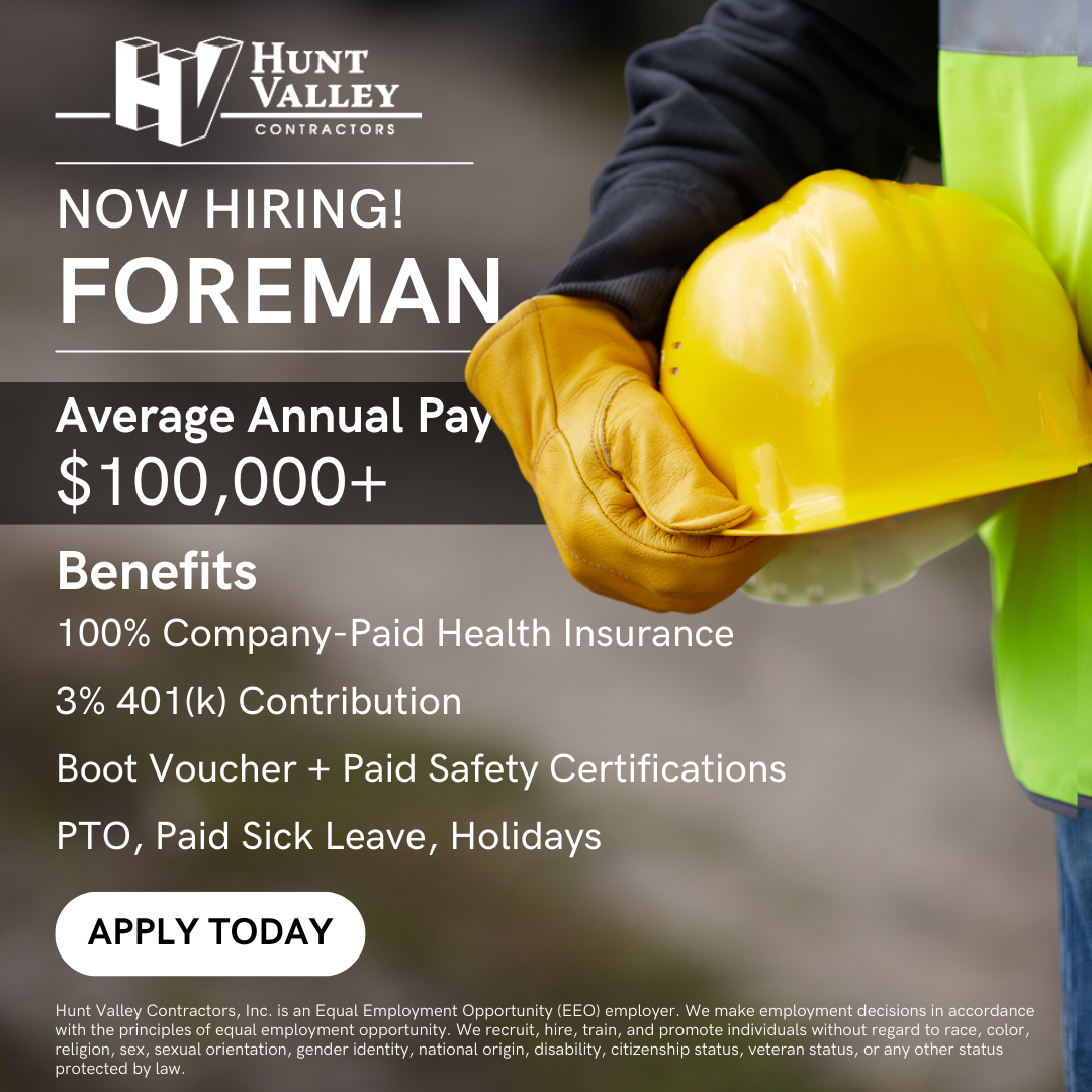 HUNT VALLEY CONTRACTORS Facebook ad: Site Work Foreman, $100K+ Avg. Annual Pay