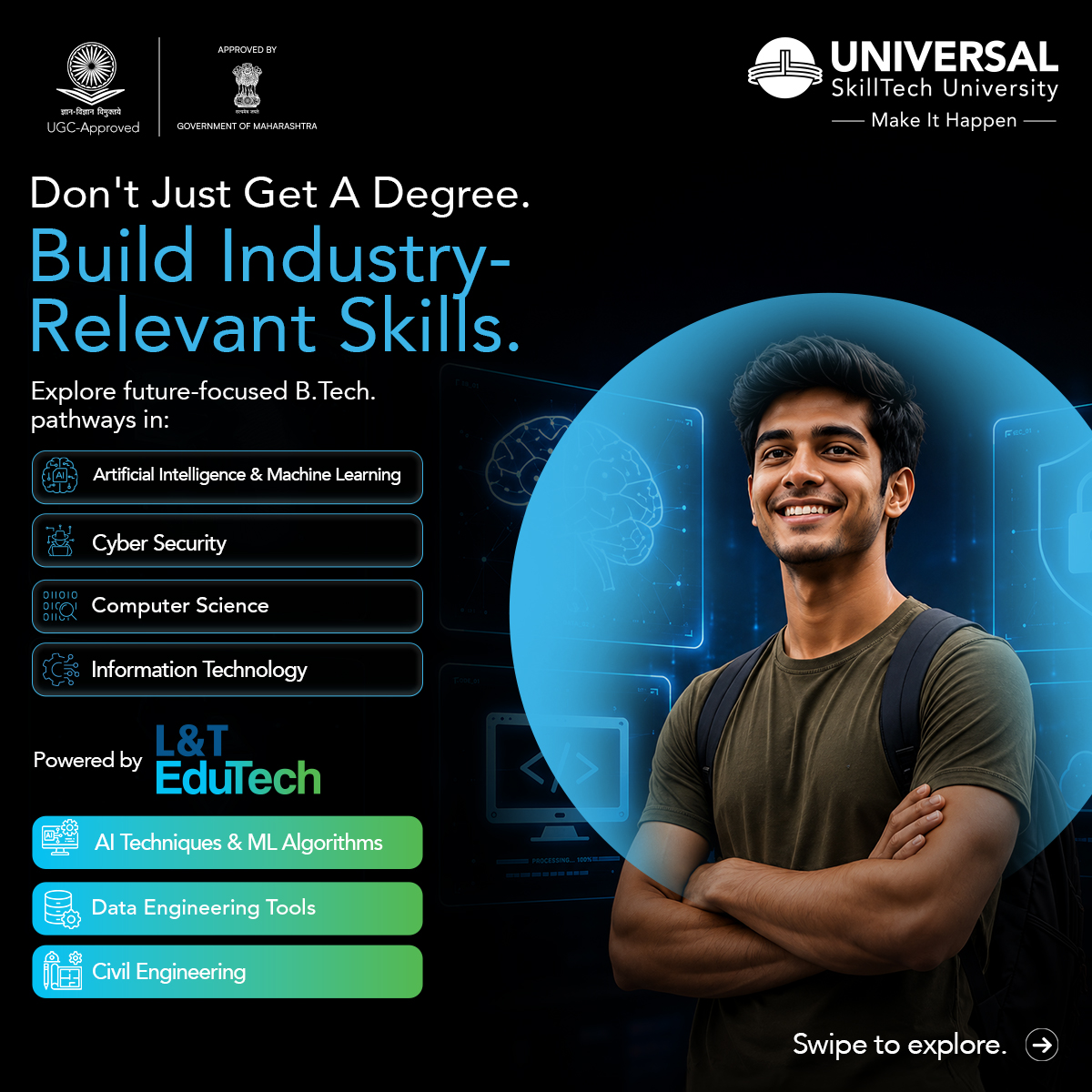 Universal SkillTech University Facebook ad: Explore industry-integrated pathways in AI & ML, Data…