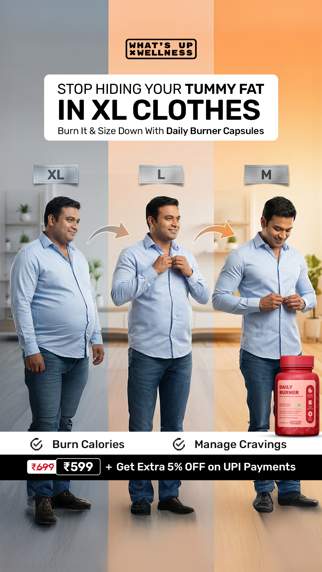 Daily Burner by What's Up Wellness Facebook ad: Flat Rs. 100/- OFF + Extra 5% OFF On Prepaid | Code: WHATSUP