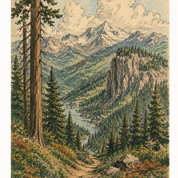 merchdesign27 Facebook ad: Mountain valley trail and river view Print