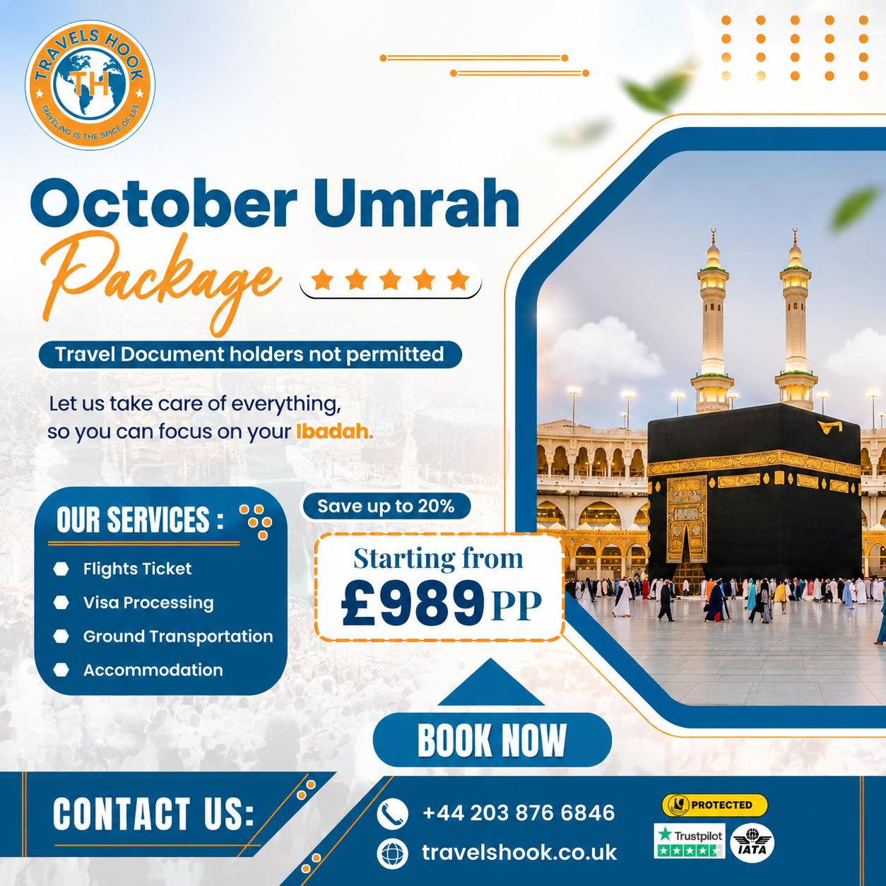 Travels Hook Facebook ad: October Umrah Package, Save up to 20%