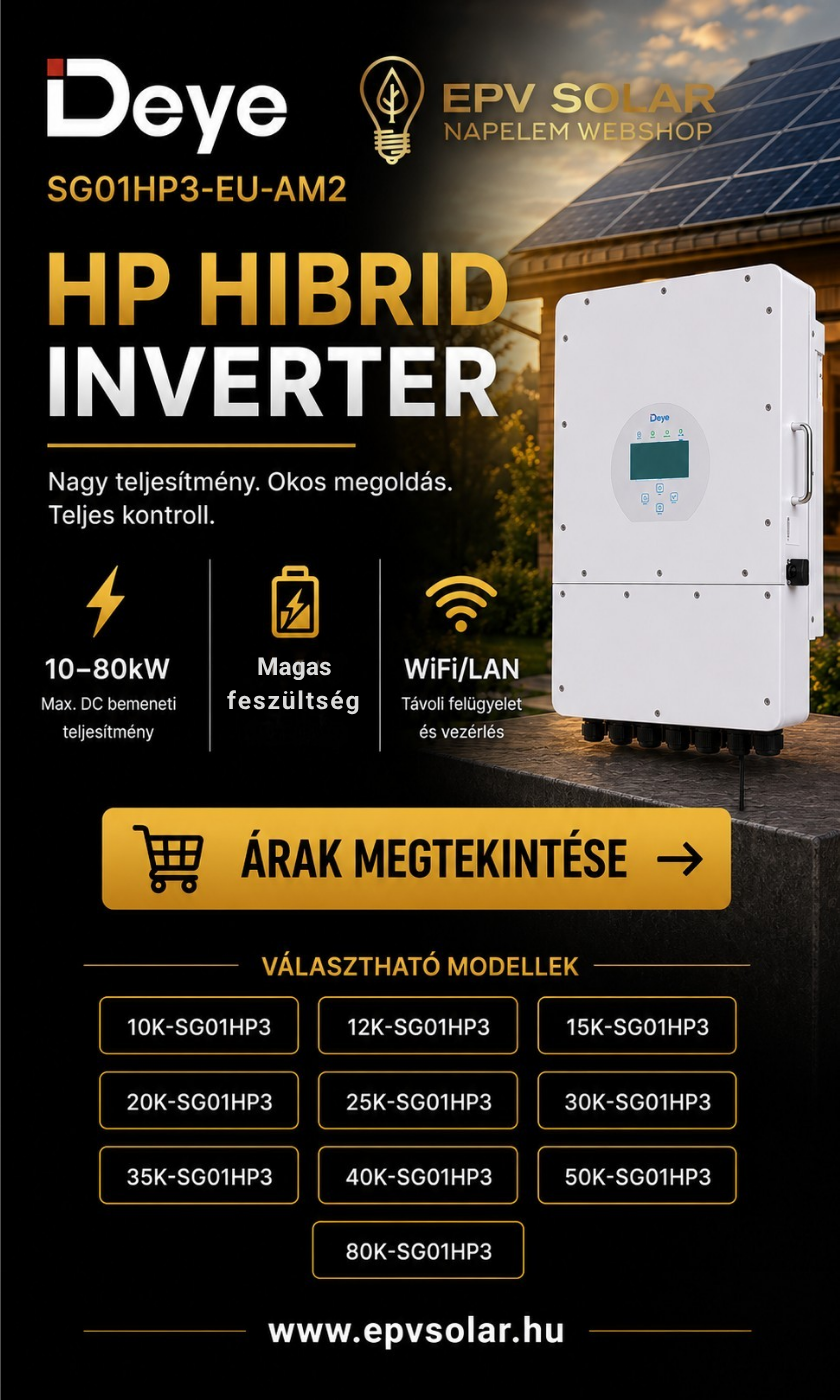 EPV Solar Facebook ad: Deye HP hibrid inverterek 10-80kW-ig. Backup funkció, WiFi…