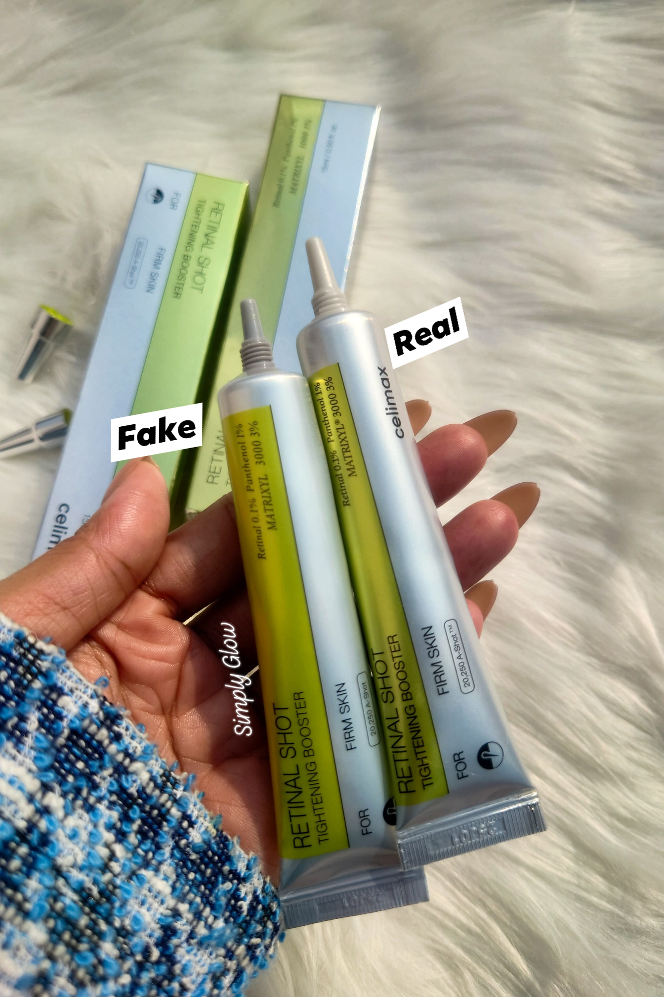 Simply Glow Facebook ad: Celimax Retinal Shot Real vs FAKE