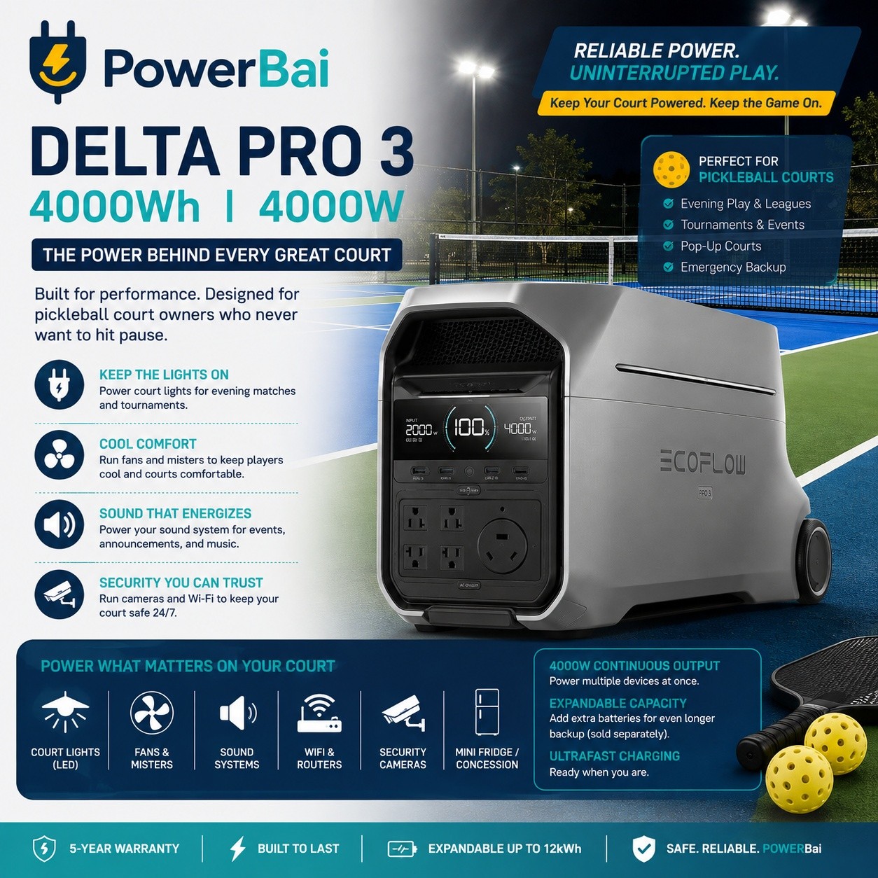 PowerBai Facebook ad: POWER YOUR PICKLEBALL COURT.
