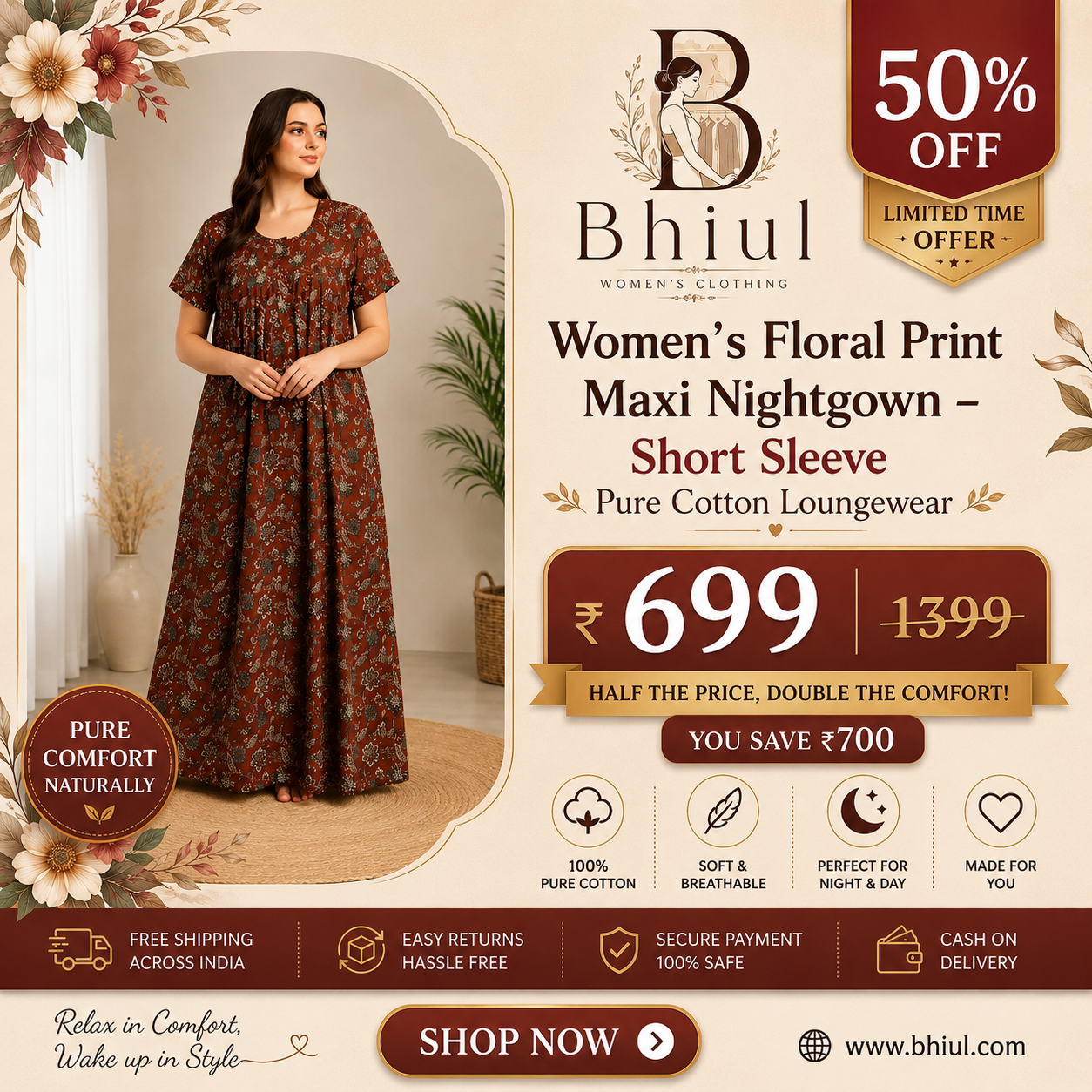 Bhiul Facebook ad: Elegant Floral Print Pure Cotton Nightgown