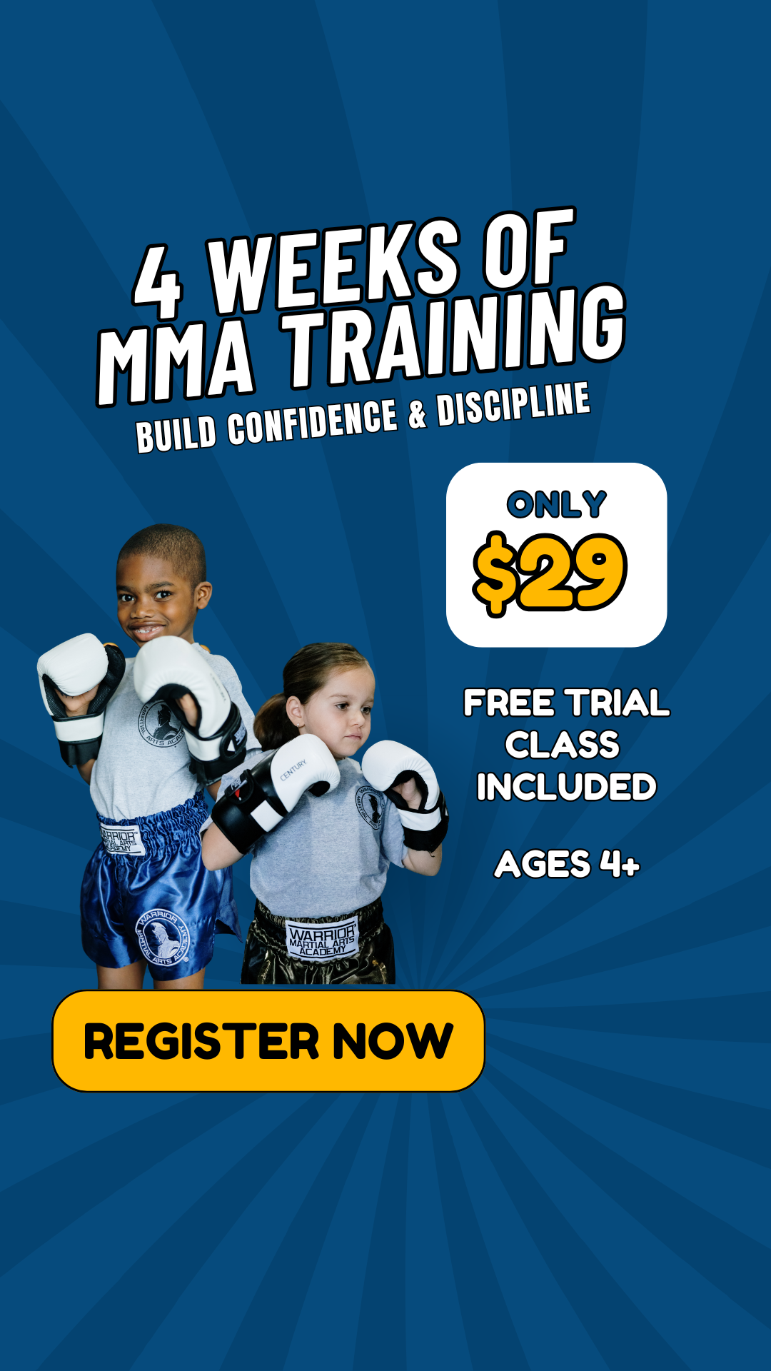 Warrior Martial Arts Academy Facebook ad from Feb 27, 2026