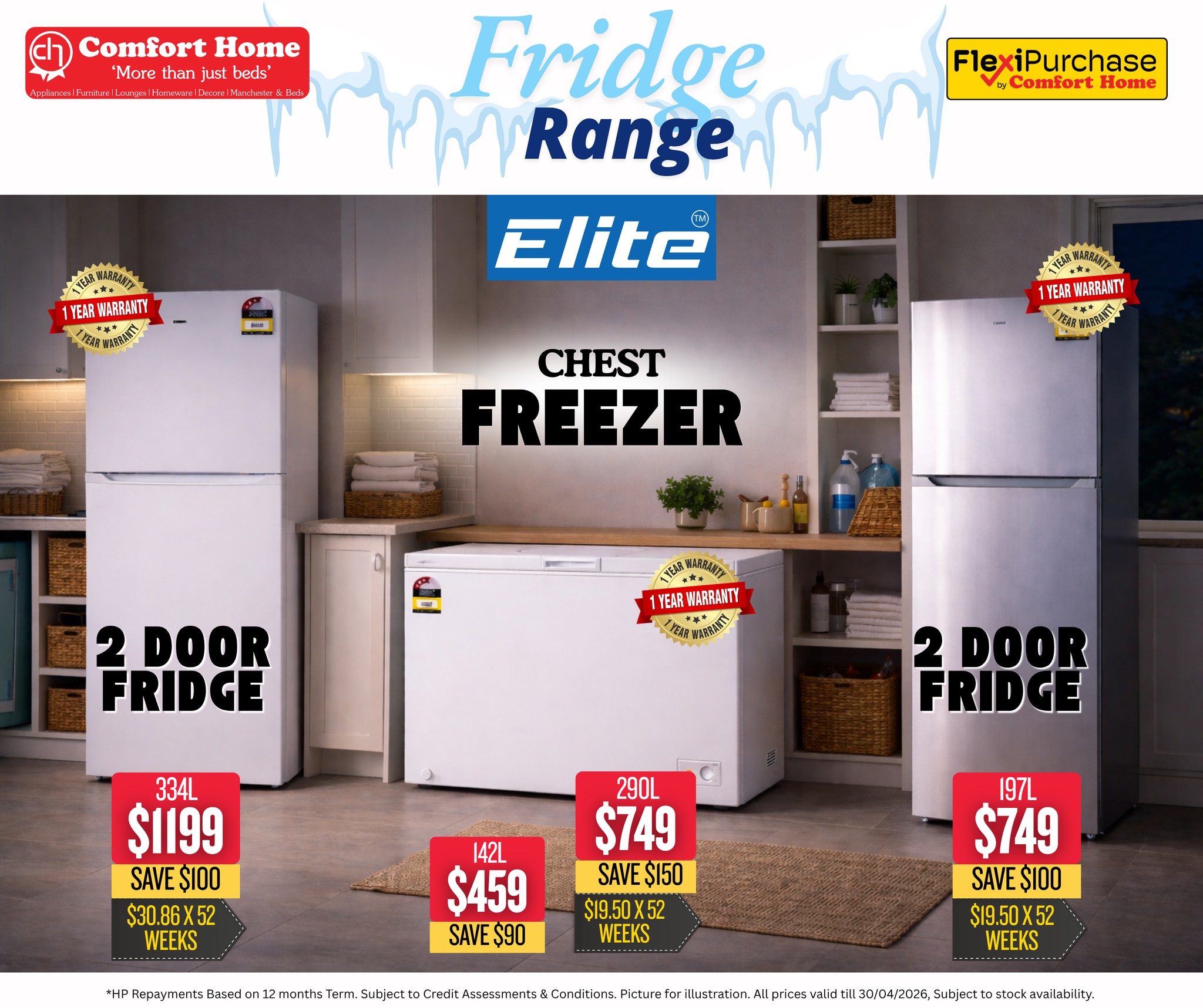 Comforthomefiji Facebook ad: Upgrade your kitchen with the Elite Fridge Range