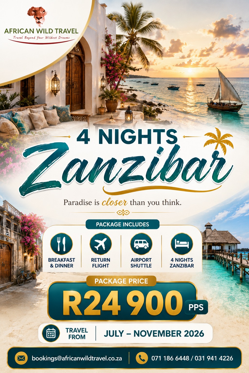 African Wild Travel Facebook ad: Imagine waking up to turquoise waters, enjoying delicious…