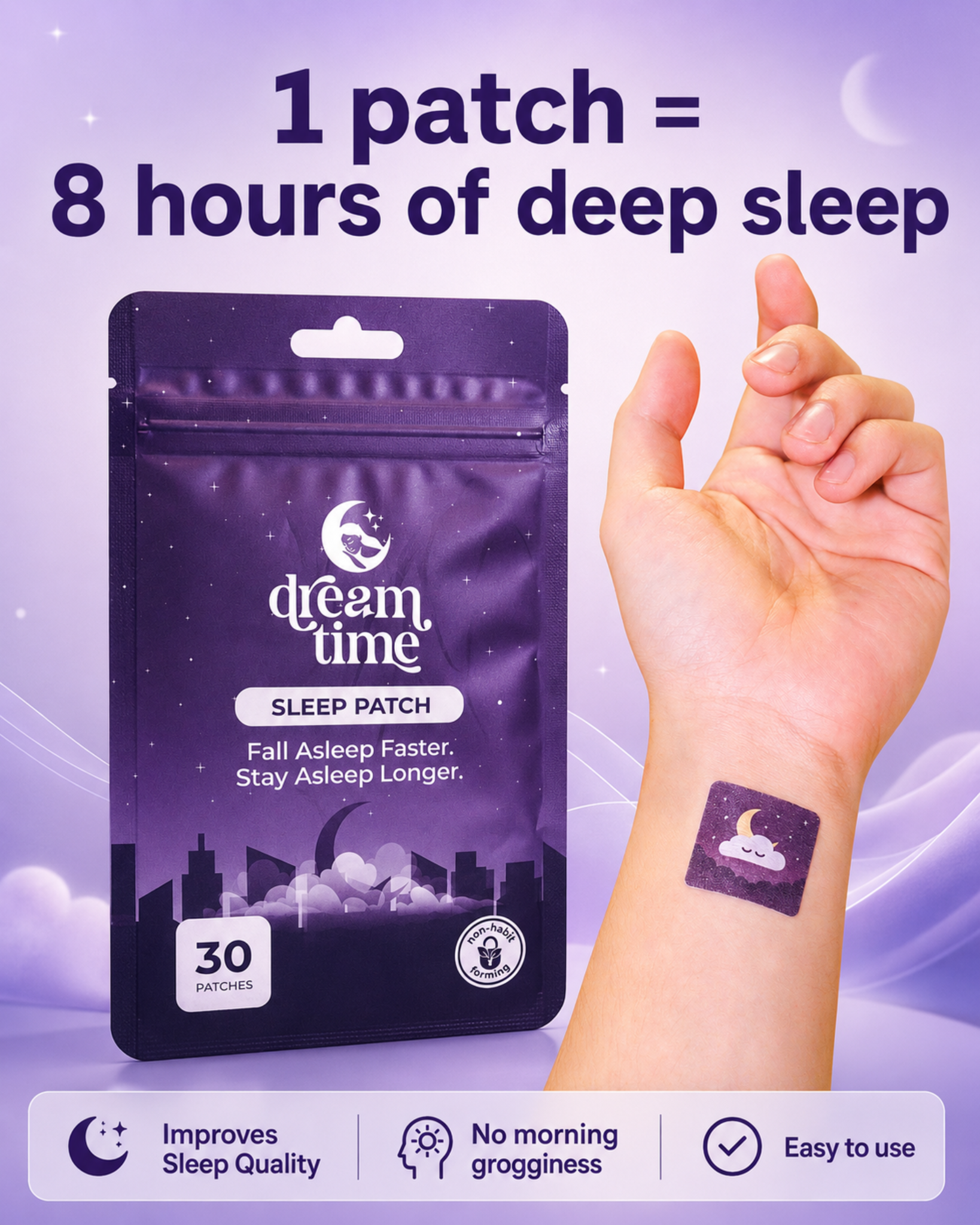 Dream Time - Sleep Patch Facebook ad: Peel. Stick. Sleep.