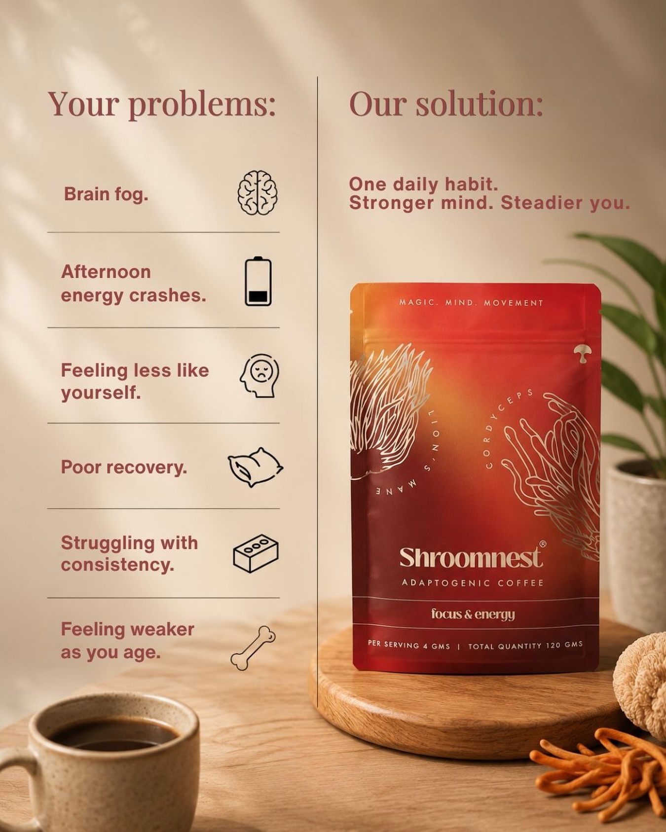 ShroomNest Facebook ad: Your body isn’t asking for more caffeine.