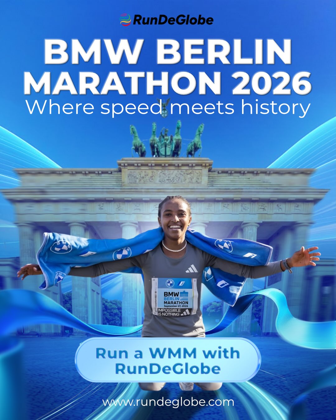 Run De Globe Facebook ad: BMW BERLIN-MARATHON 2026 is where speed meets history.