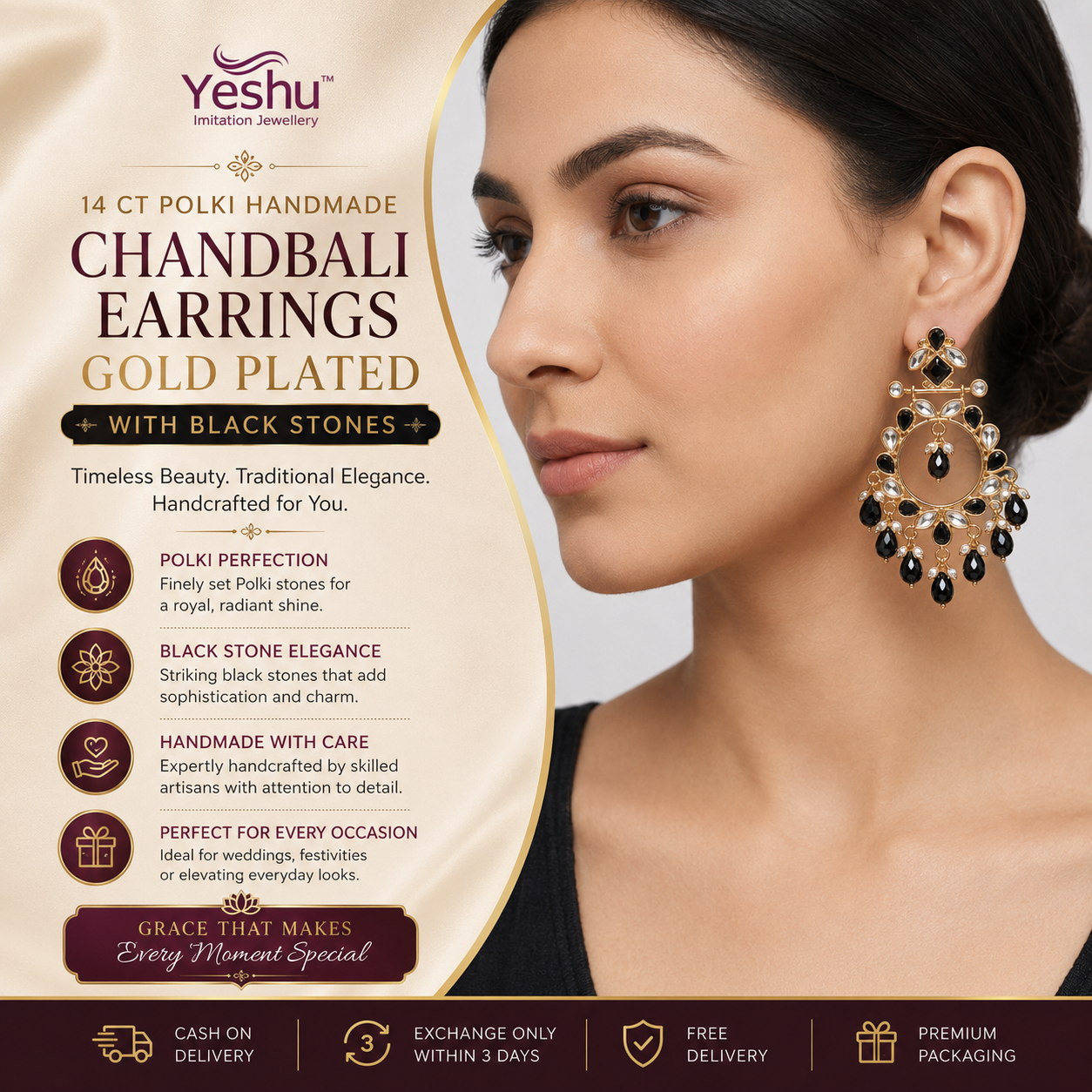 Yeshu imitation jewellery Facebook ad: Buy 14 Ct Polki Handmade Gold Plated Black Stone Chandbali…