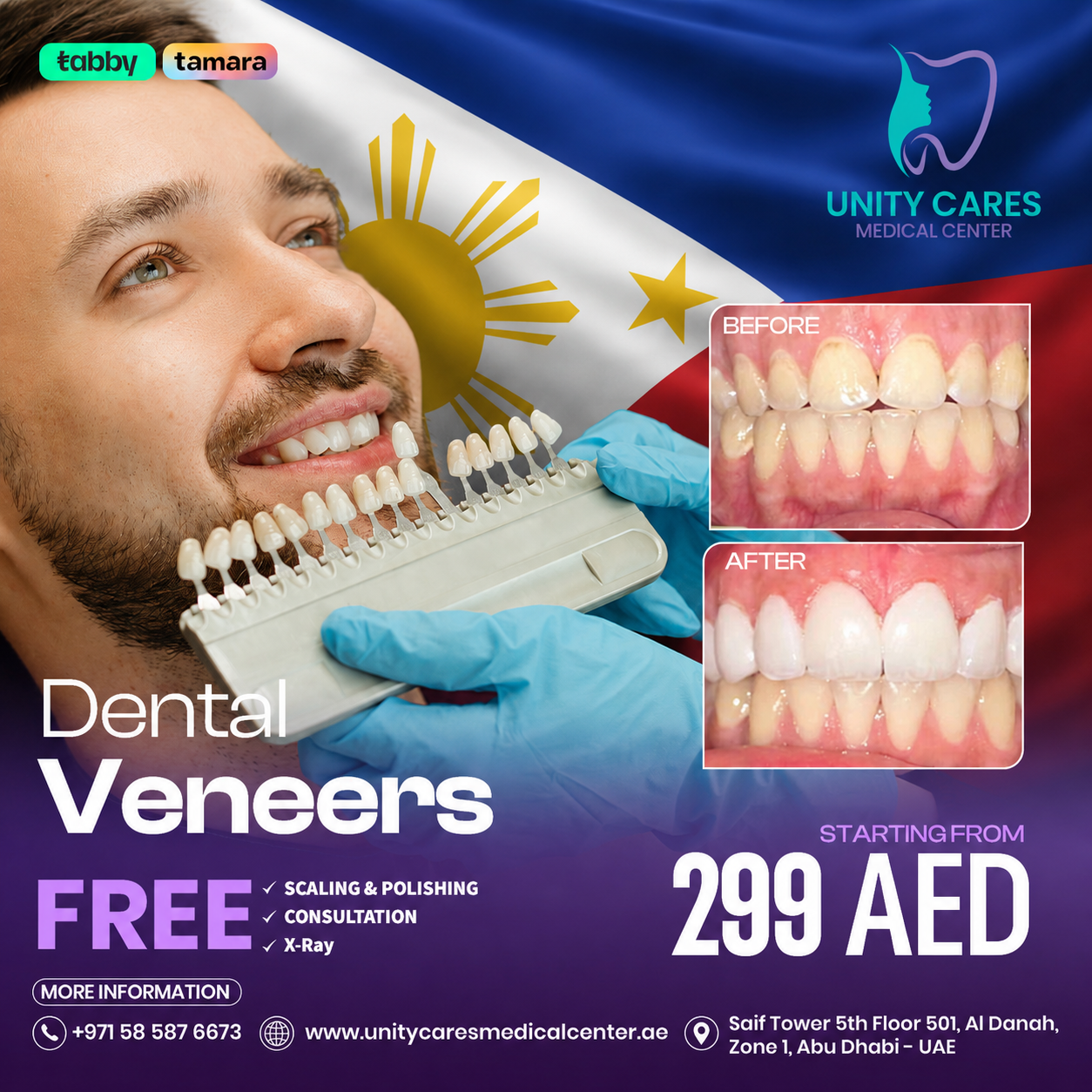 Unity Cares Medical Center Facebook ad: Baguhin ang Iyong Ngiti Simula 299 AED Lang!