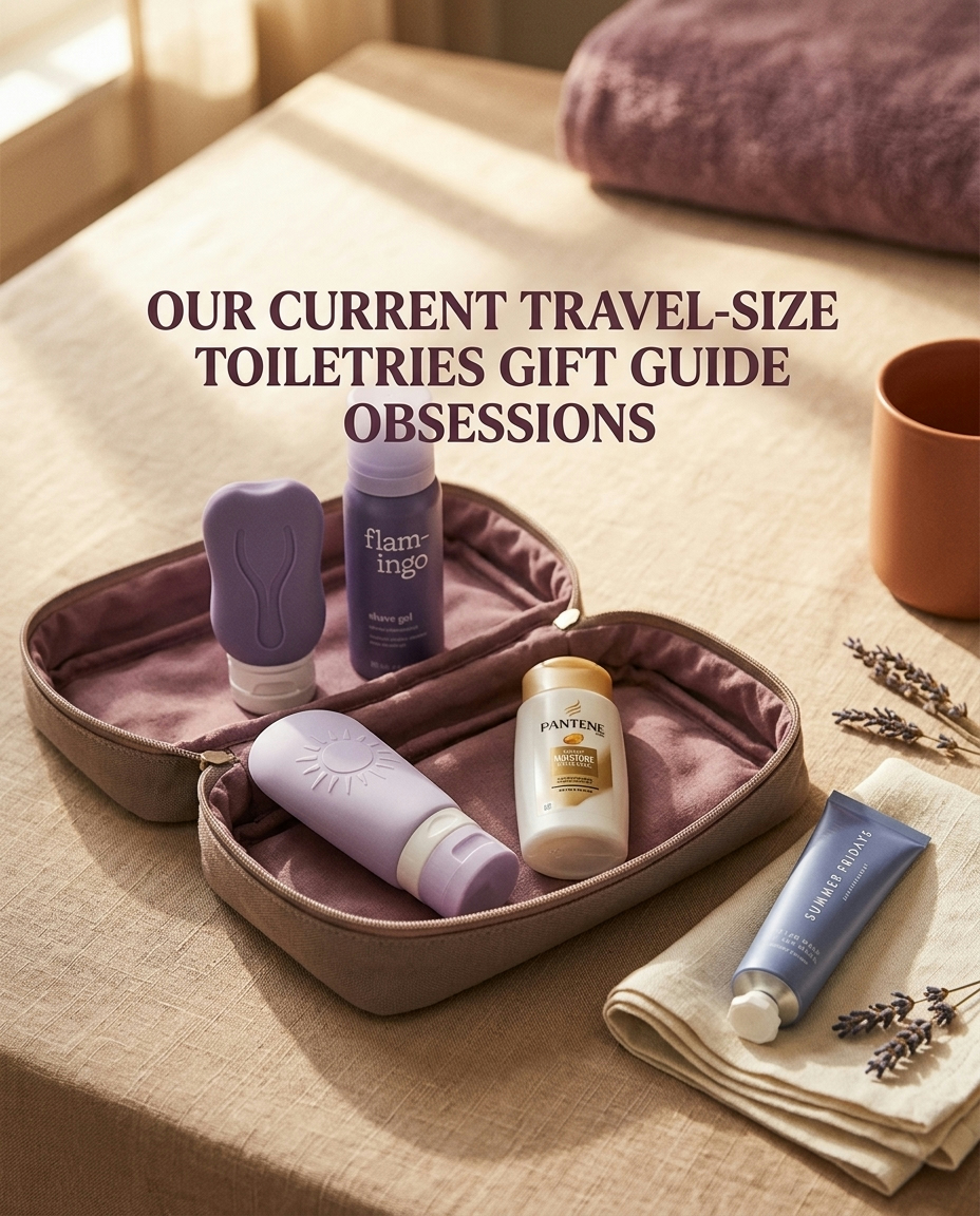 The Routine Edit Facebook ad: OUR CURRENT TRAVEL-SIZE TOILETRIES GIFT GUIDE OBSESSIONS