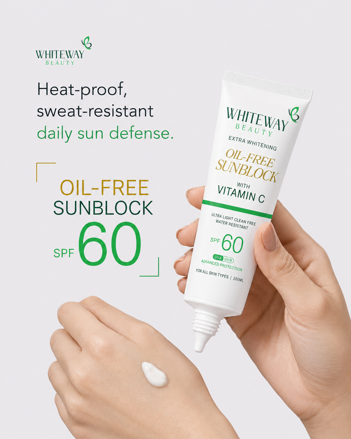 Whiteway Beauty Facebook ad: Heat-Proof SPF 60 Daily Sun Defense