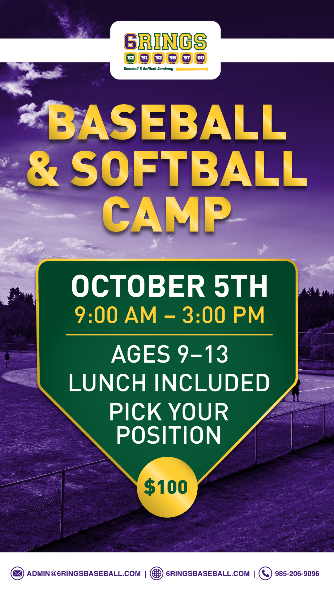 6 Rings Baseball Academy Facebook ad: Summer Baseball Camps Now Open