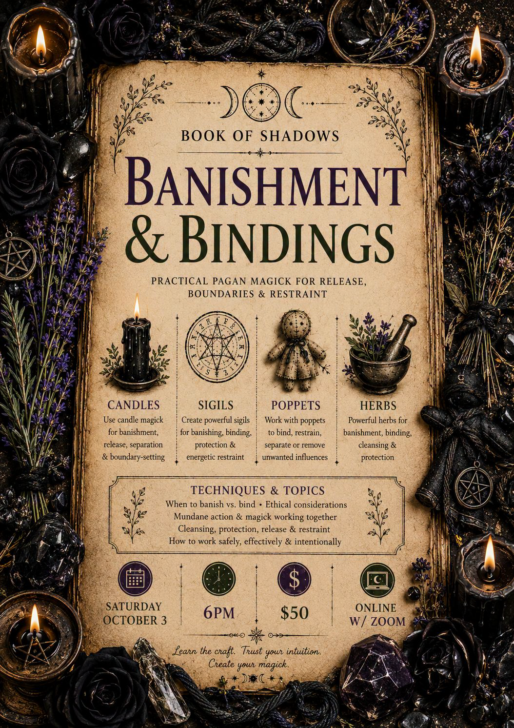 Nevermore Spiritualism Studio Facebook ad: Online: BOOK OF SHADOWS: Banishment and Bindings